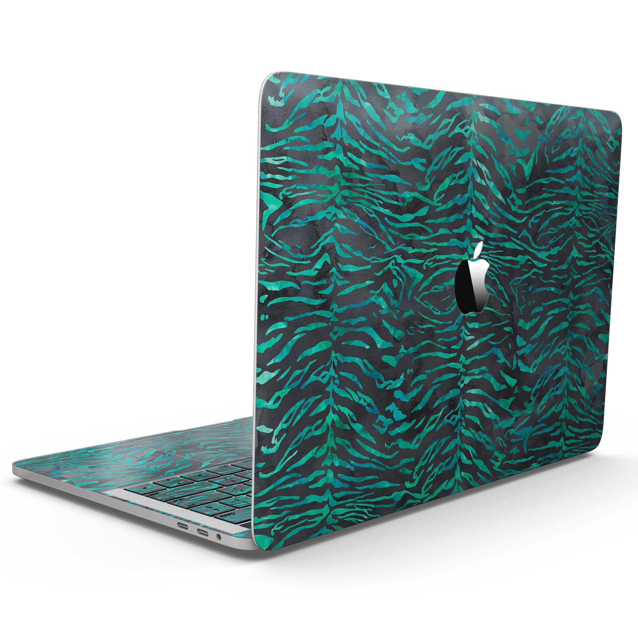 A 13" MacBook Pro featuring a Blue-Green and Black Watercolor Tiger Pattern skin, showcasing vibrant colors and intricate design.