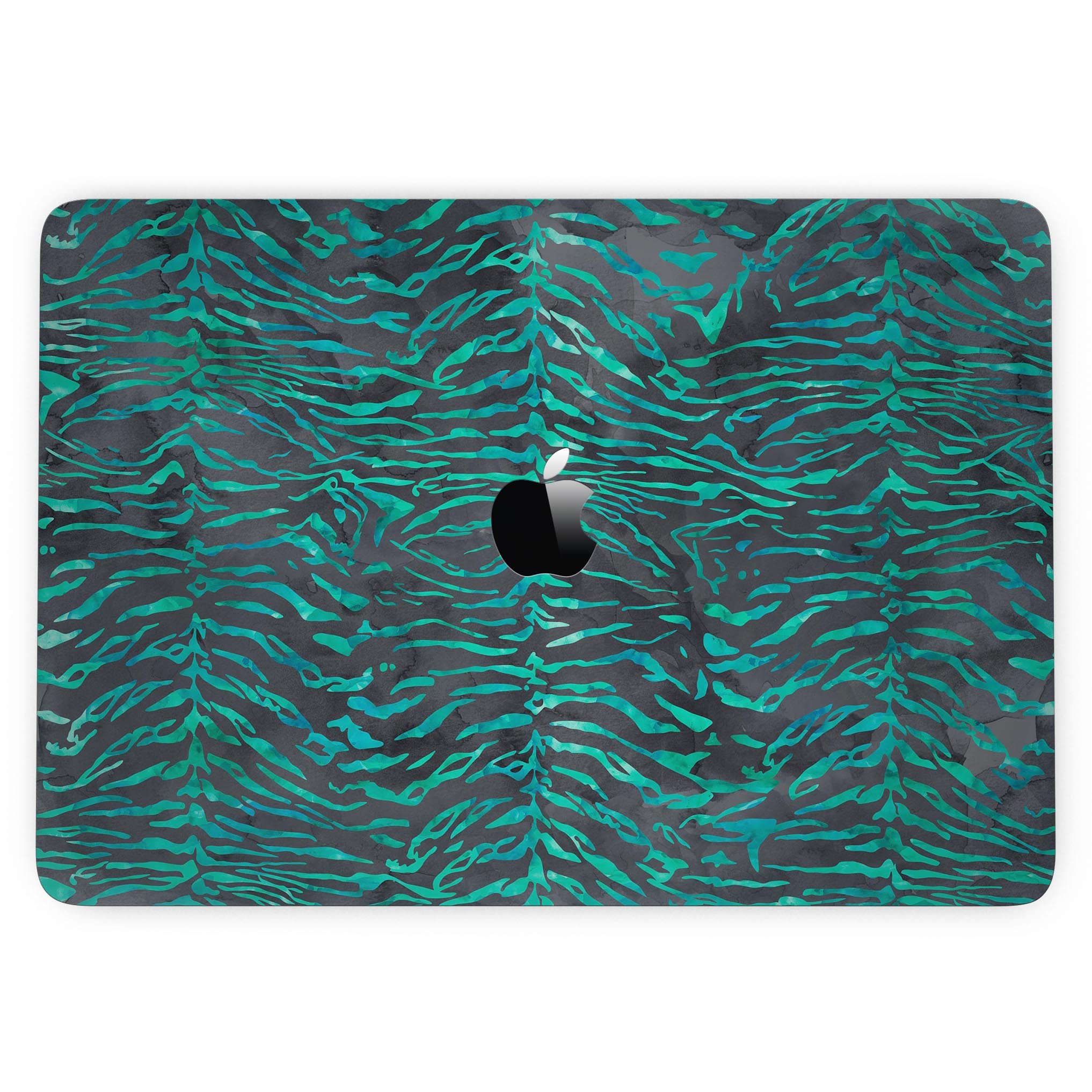 A 13" MacBook Pro featuring a Blue-Green and Black Watercolor Tiger Pattern skin, showcasing vibrant colors and intricate design.