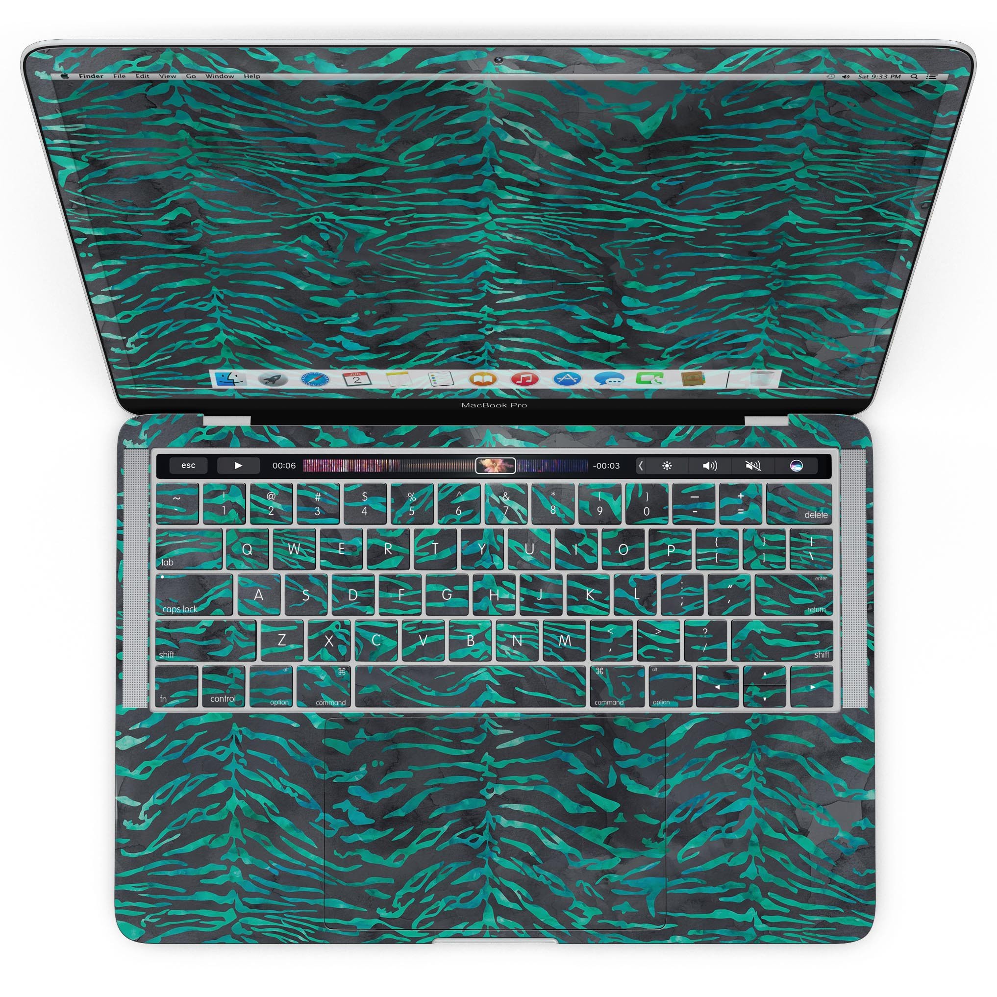 Blue-Green and Black Watercolor Tiger Pattern skin for MacBook Pro with Touch Bar, showcasing vibrant colors and intricate design.
