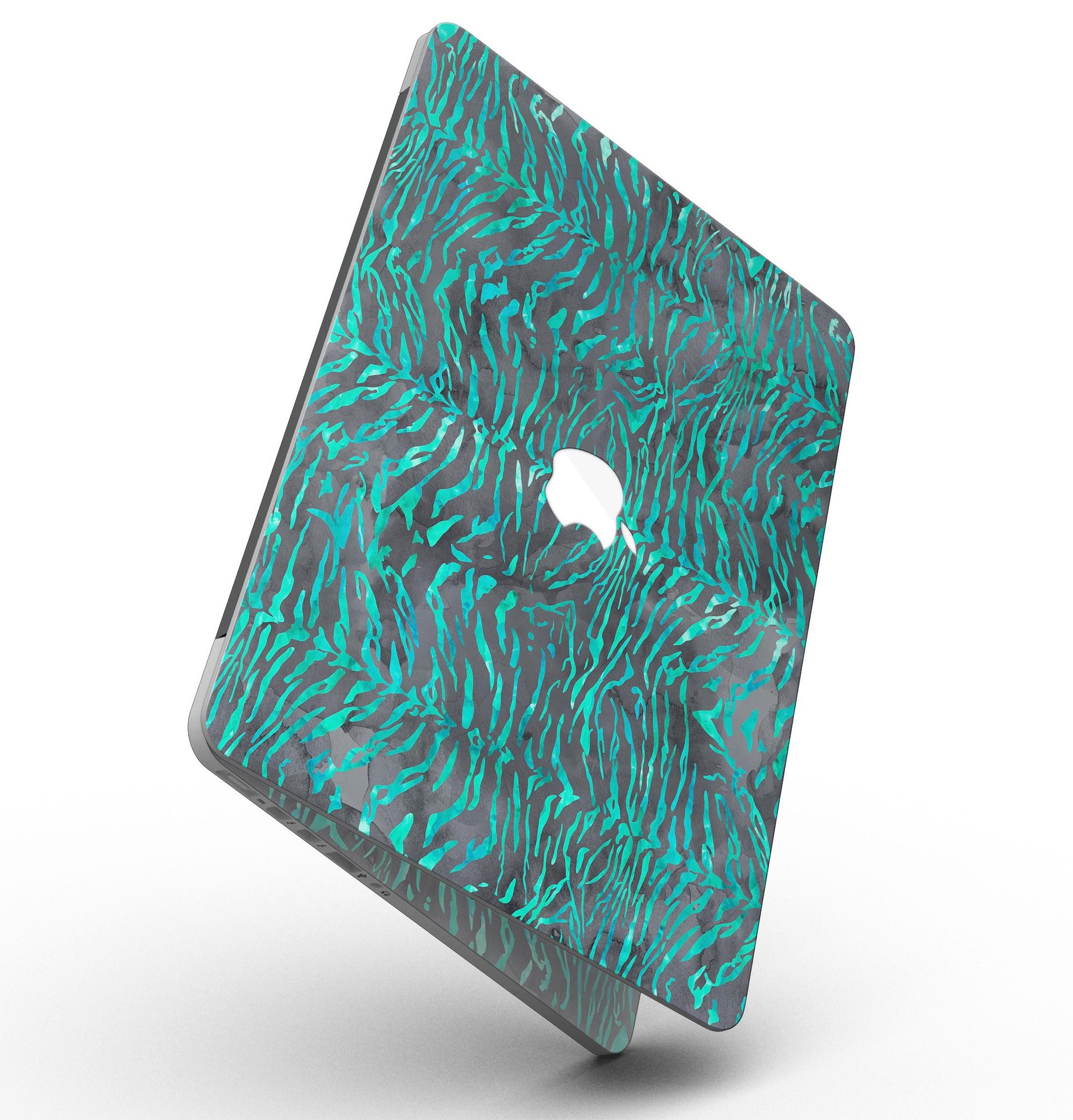 Blue-Green and Black Watercolor Tiger Pattern skin for MacBook Pro, showcasing vibrant colors and intricate design.