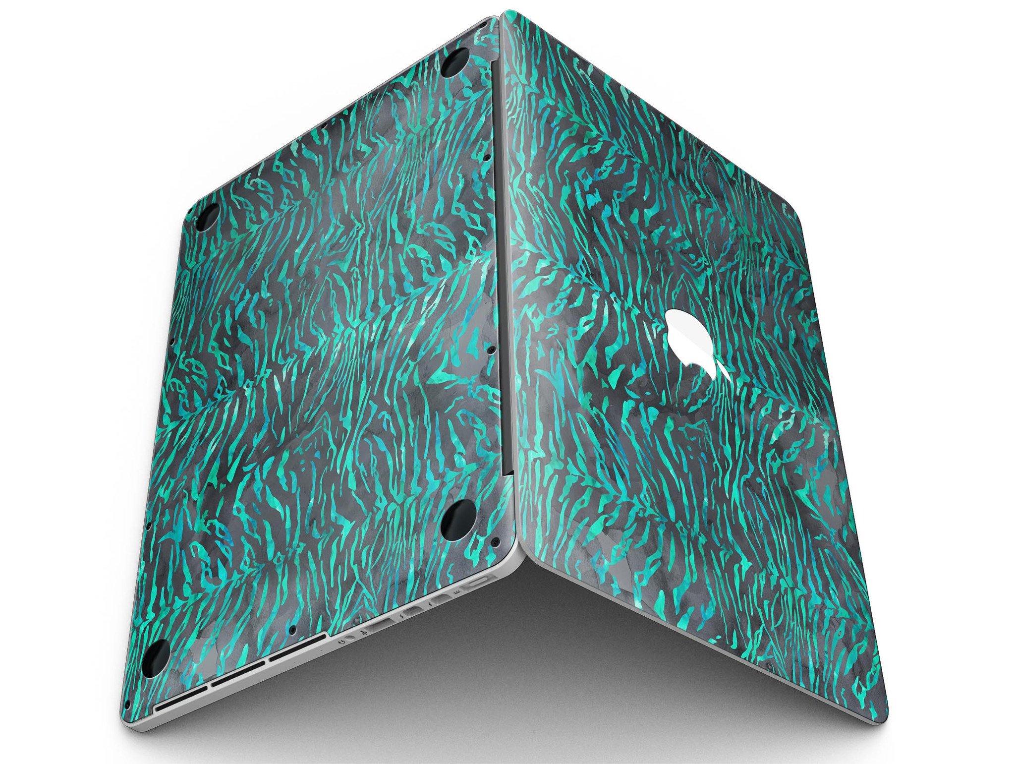 Blue-Green and Black Watercolor Tiger Pattern skin for MacBook Pro, showcasing vibrant colors and intricate design.
