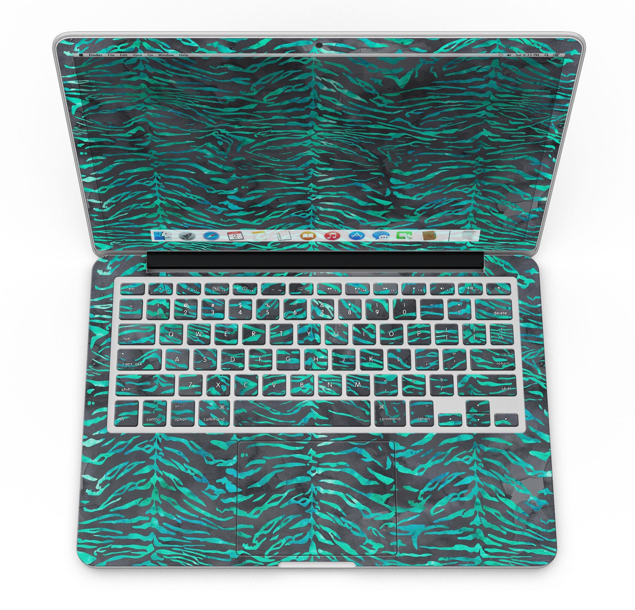 Blue-Green and Black Watercolor Tiger Pattern skin for MacBook Pro, showcasing vibrant colors and intricate design.