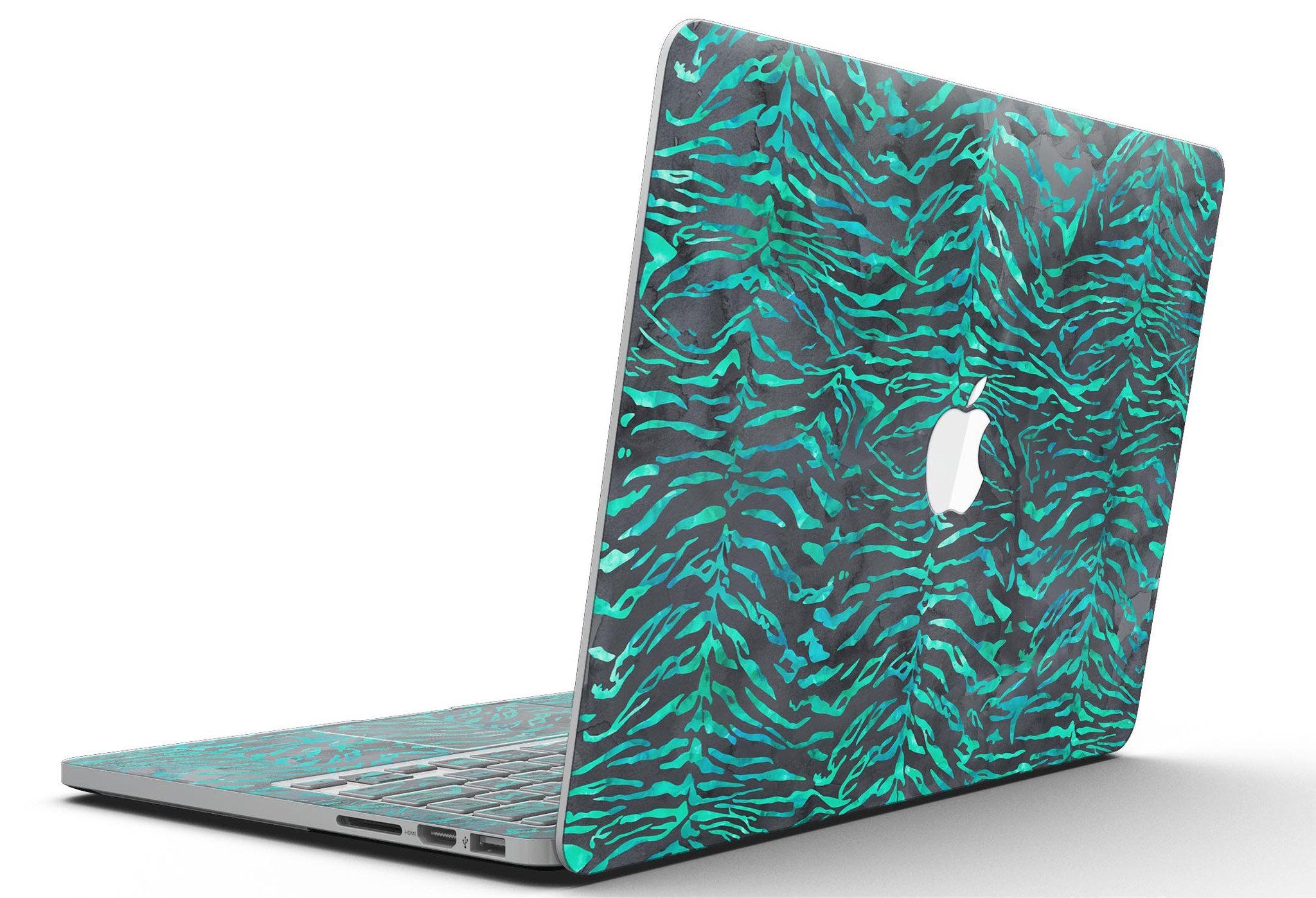 Blue-Green and Black Watercolor Tiger Pattern skin for MacBook Pro, showcasing vibrant colors and intricate design.