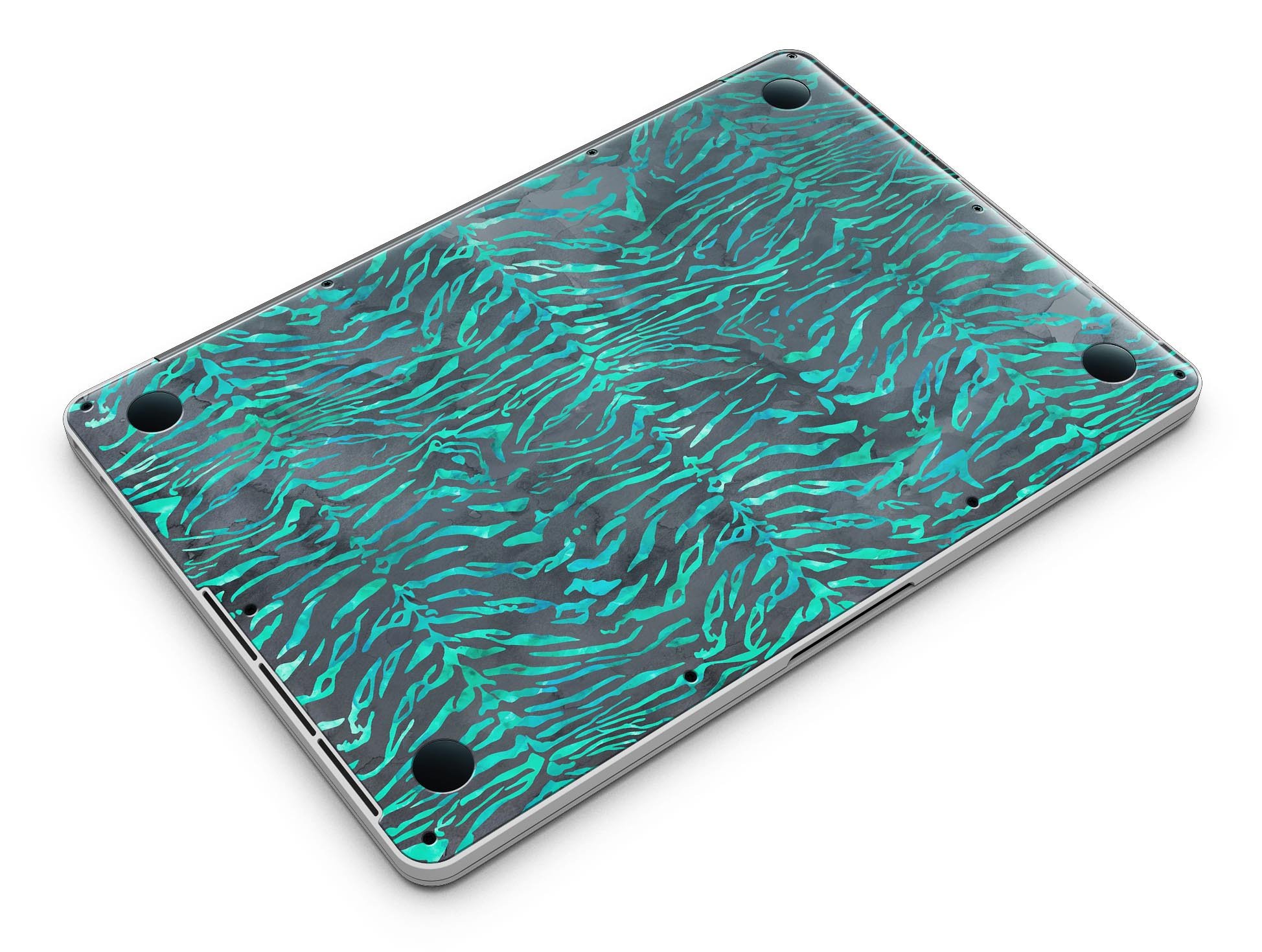 Blue-Green and Black Watercolor Tiger Pattern skin for MacBook Pro, showcasing vibrant colors and intricate design.