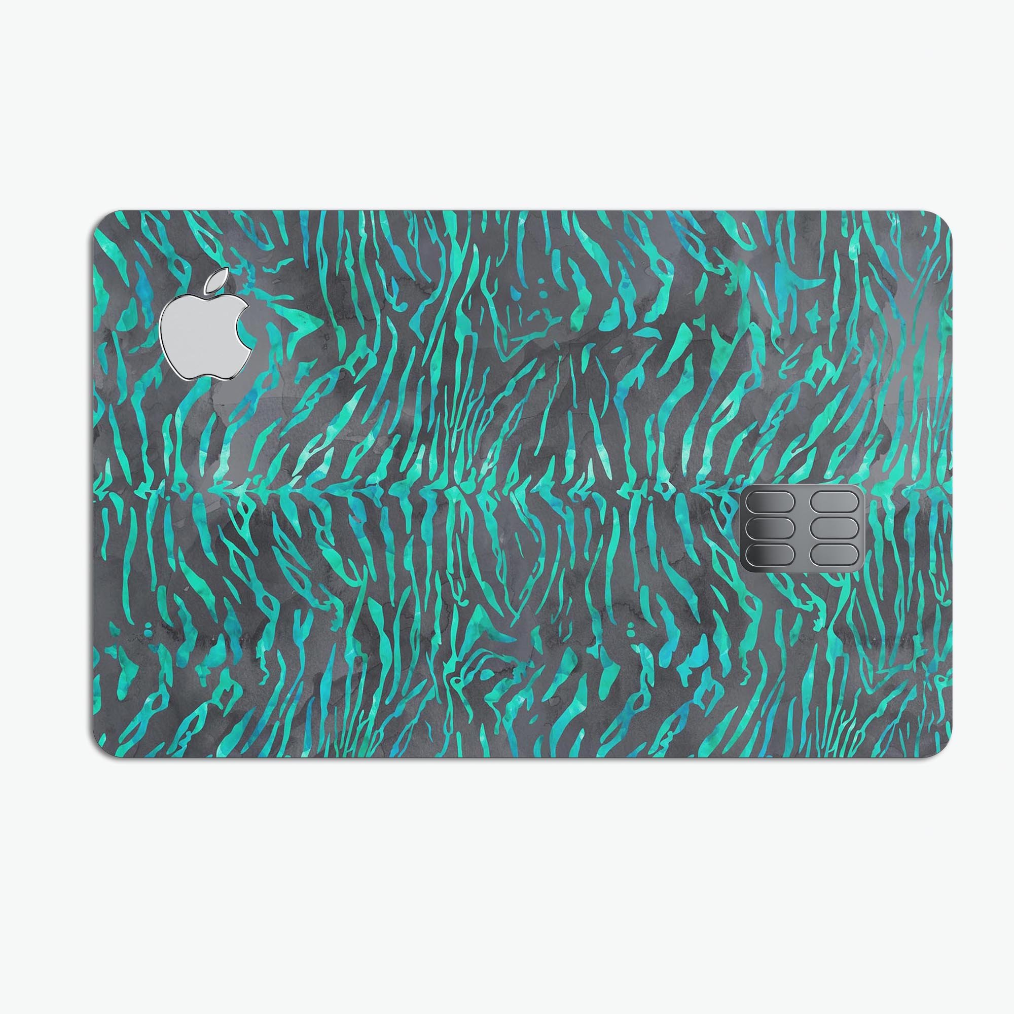 Blue-Green and Black Watercolor Tiger Pattern skin for Apple Card, showcasing vibrant colors and a stylish design.