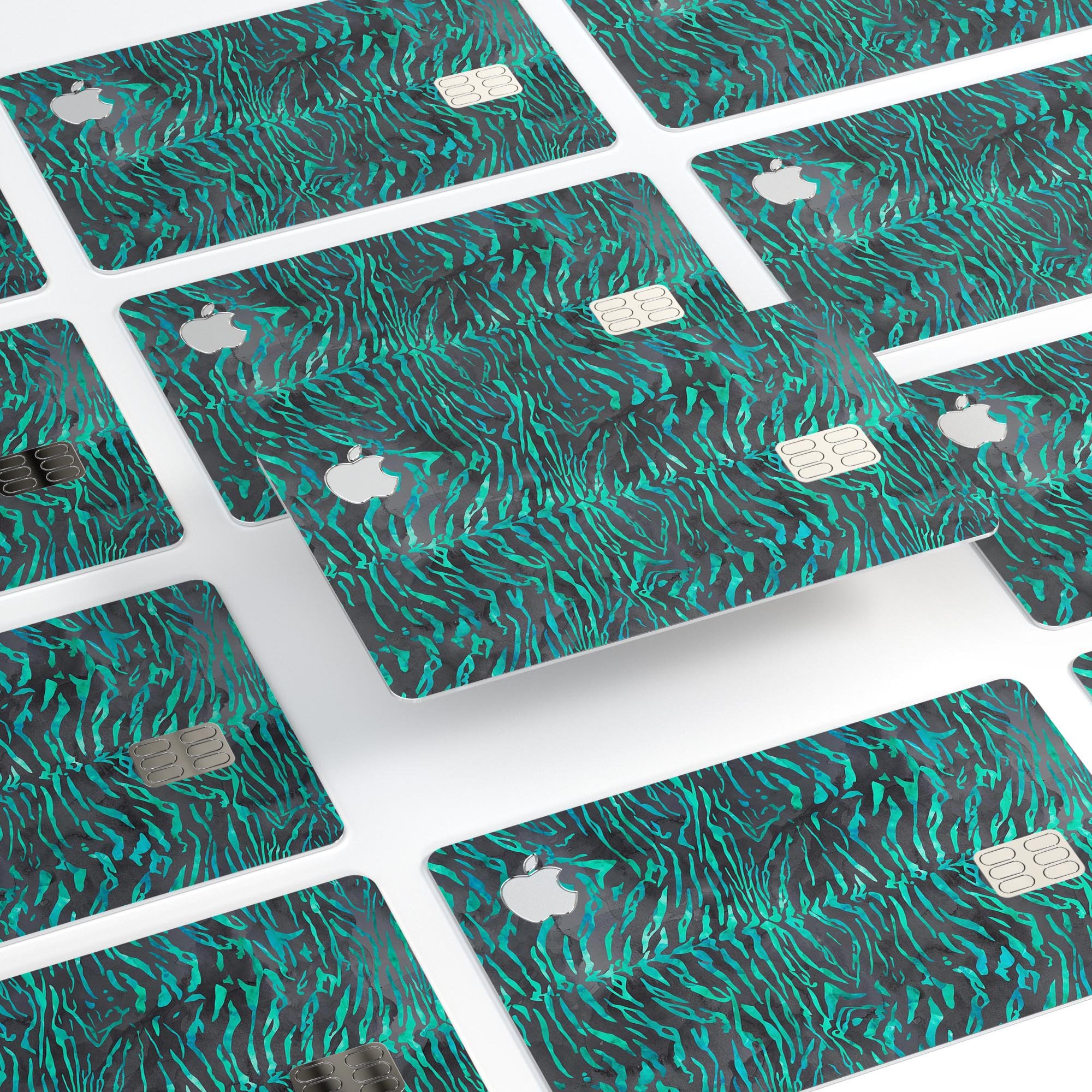 Blue-Green and Black Watercolor Tiger Pattern skin for Apple Card, showcasing vibrant colors and a stylish design.