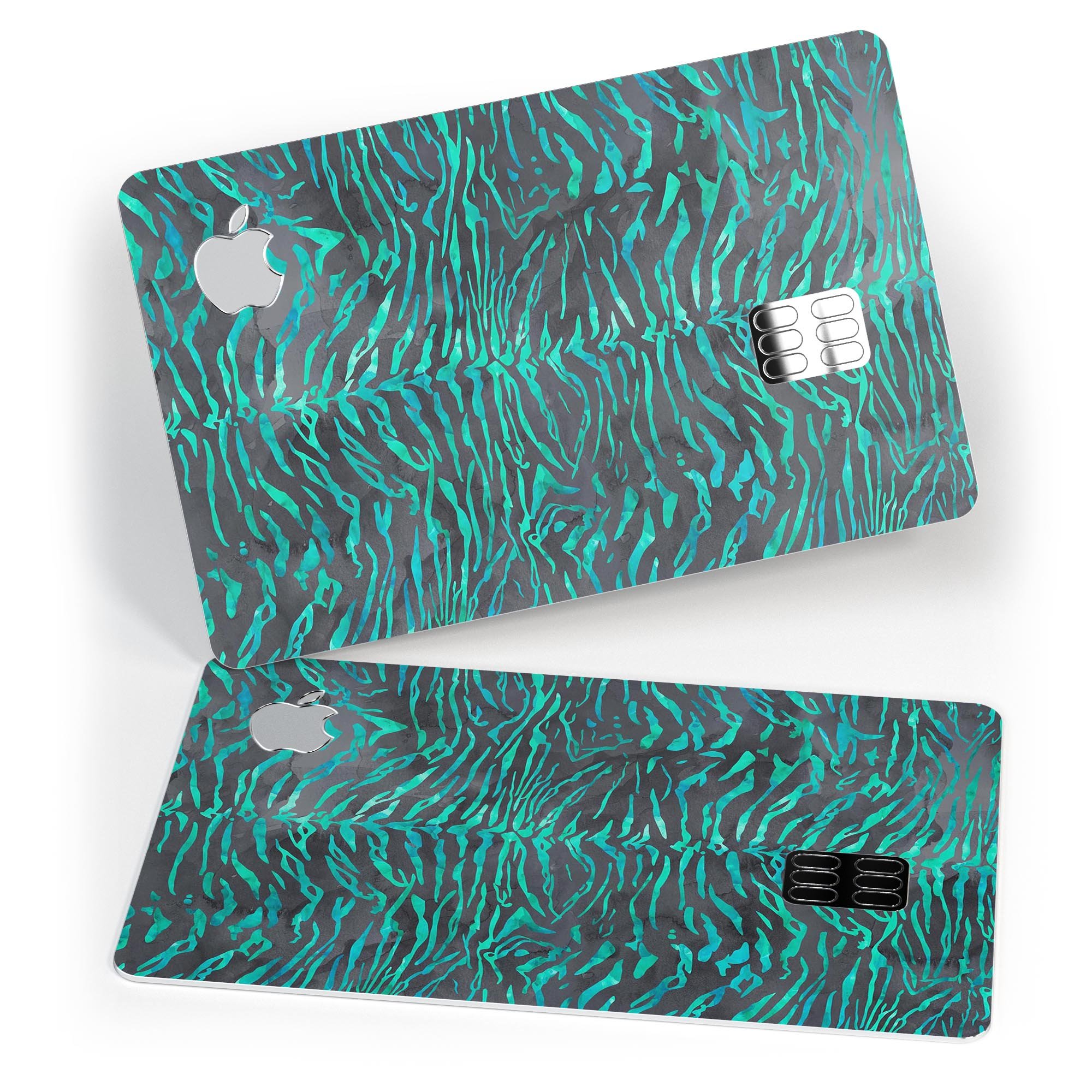 Blue-Green and Black Watercolor Tiger Pattern skin for Apple Card, showcasing vibrant colors and a stylish design.