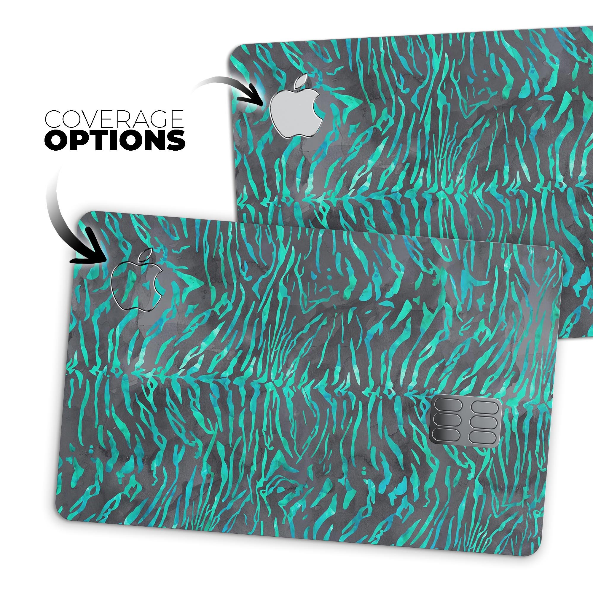 Blue-Green and Black Watercolor Tiger Pattern skin for Apple Card, showcasing vibrant colors and a stylish design.