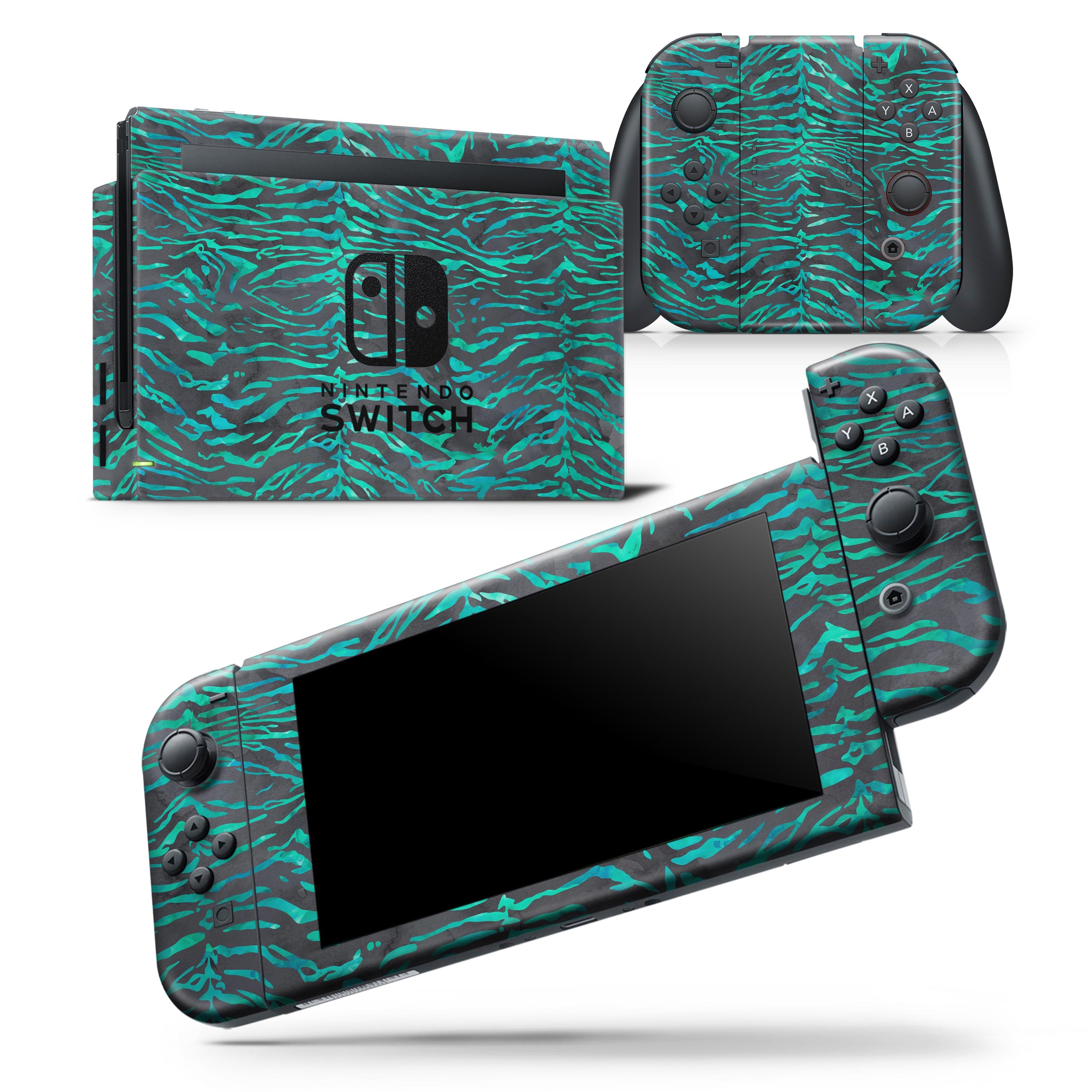 Blue-Green and Black Watercolor Tiger Pattern skin wrap decal for Nintendo Switch, showcasing vibrant colors and intricate design.