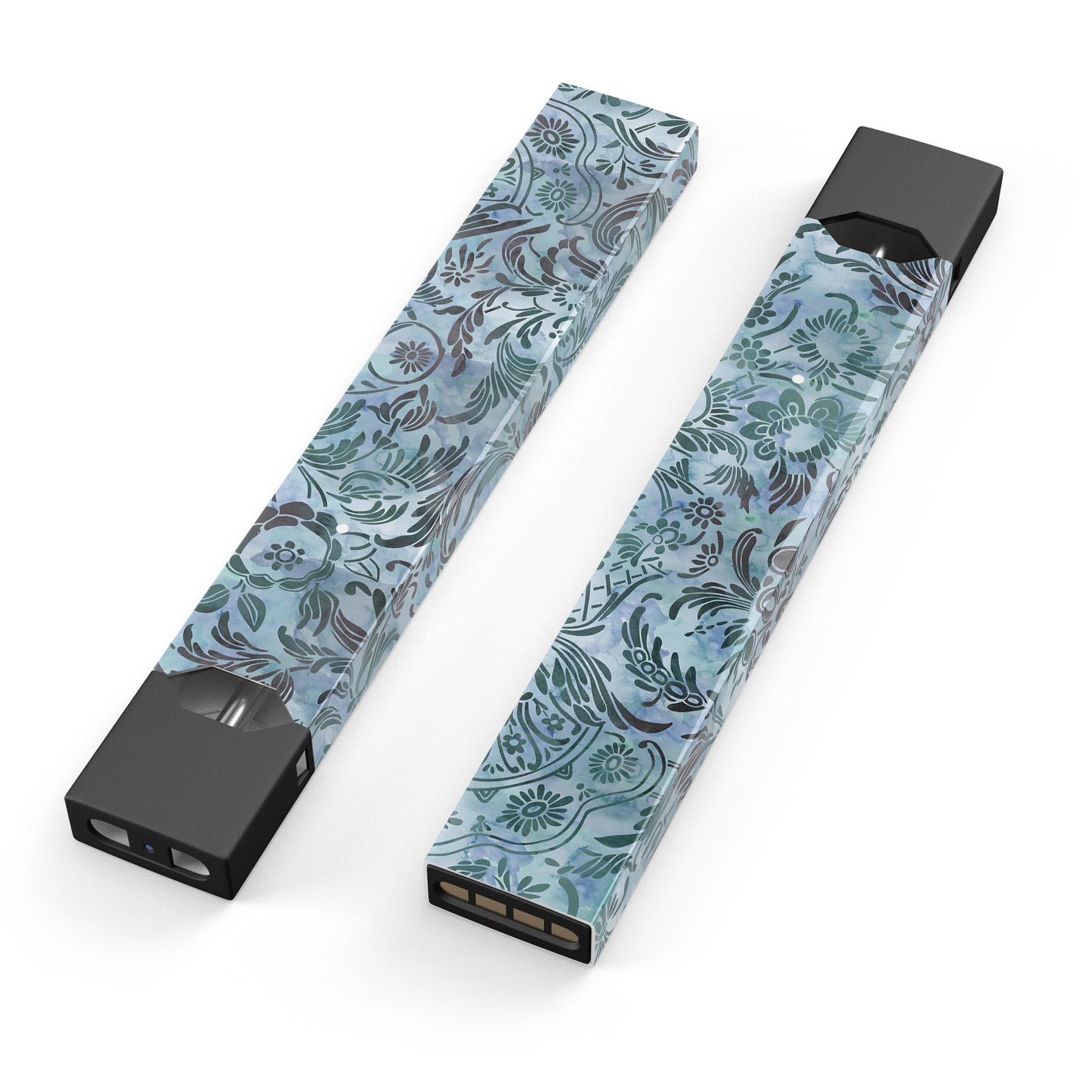 Blue-Green Damask Watercolor Pattern decal for JUUL vaping device, showcasing vibrant colors and intricate design.