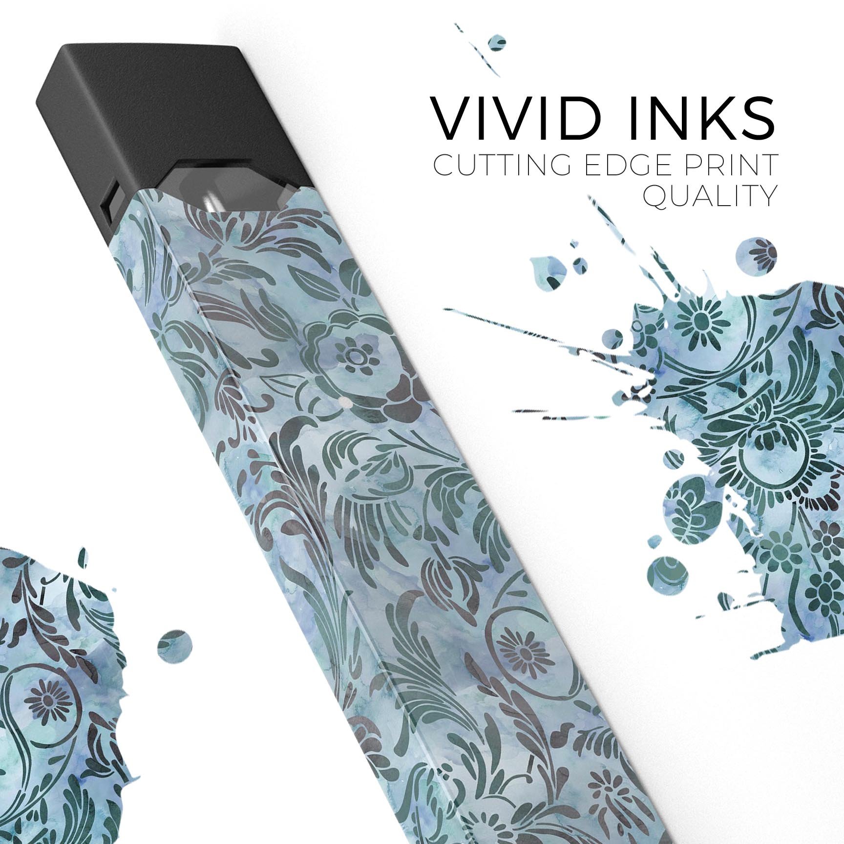 Blue-Green Damask Watercolor Pattern decal for JUUL vaping device, showcasing vibrant colors and intricate design.