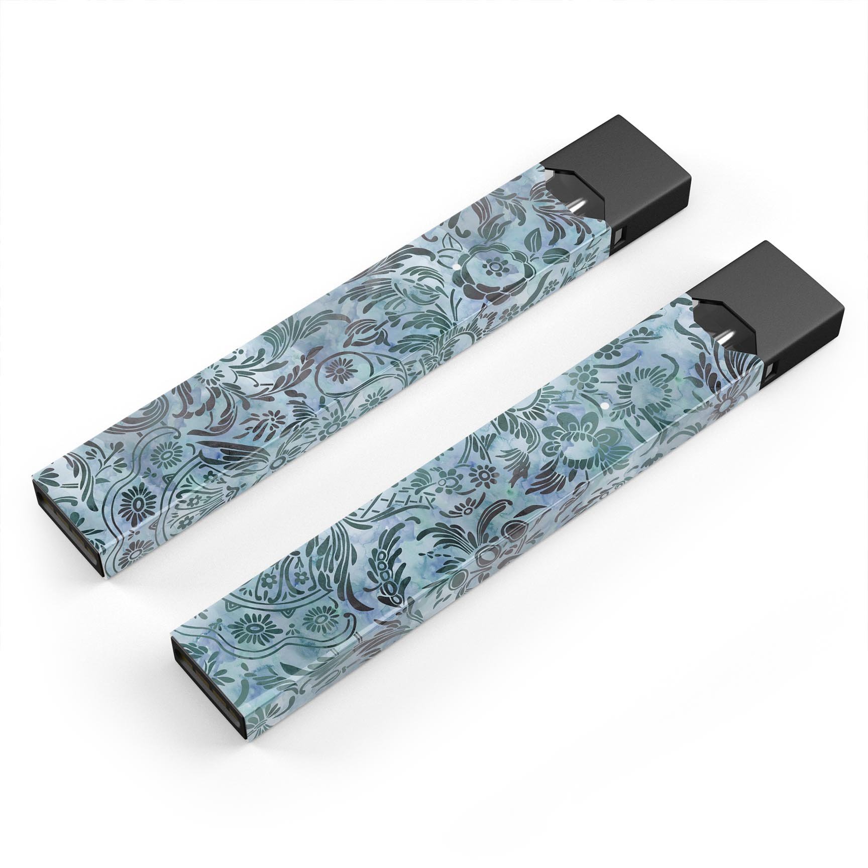 Blue-Green Damask Watercolor Pattern decal for JUUL vaping device, showcasing vibrant colors and intricate design.
