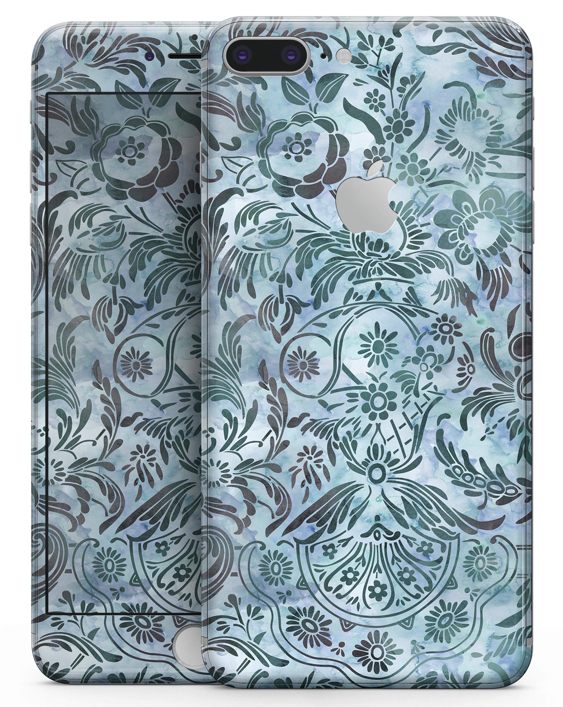 Blue-Green Damask Watercolor Pattern skin for iPhone 8 and 8 Plus, showcasing vibrant colors and intricate design.