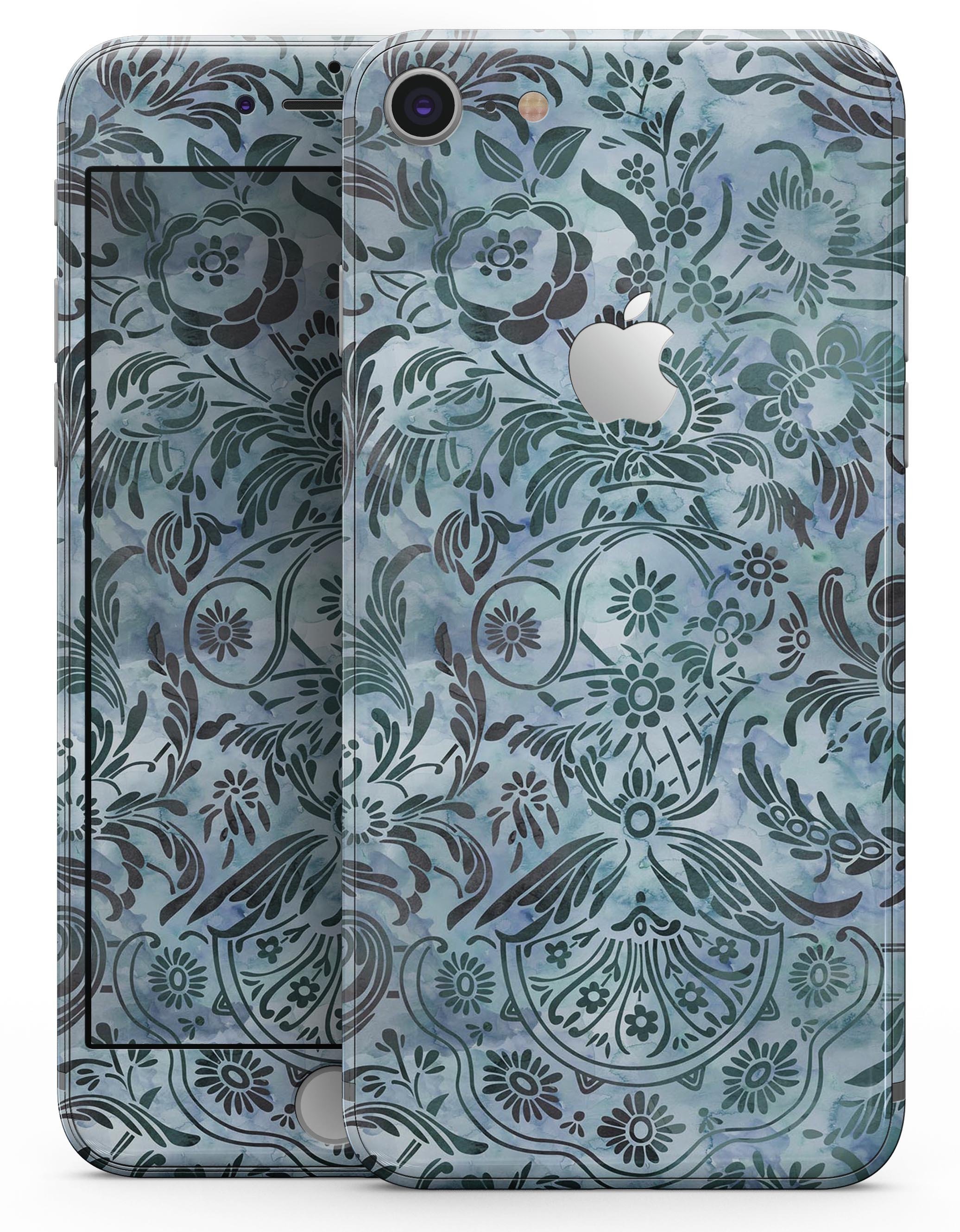 Blue-Green Damask Watercolor Pattern skin for iPhone 8 and 8 Plus, showcasing vibrant colors and intricate design.