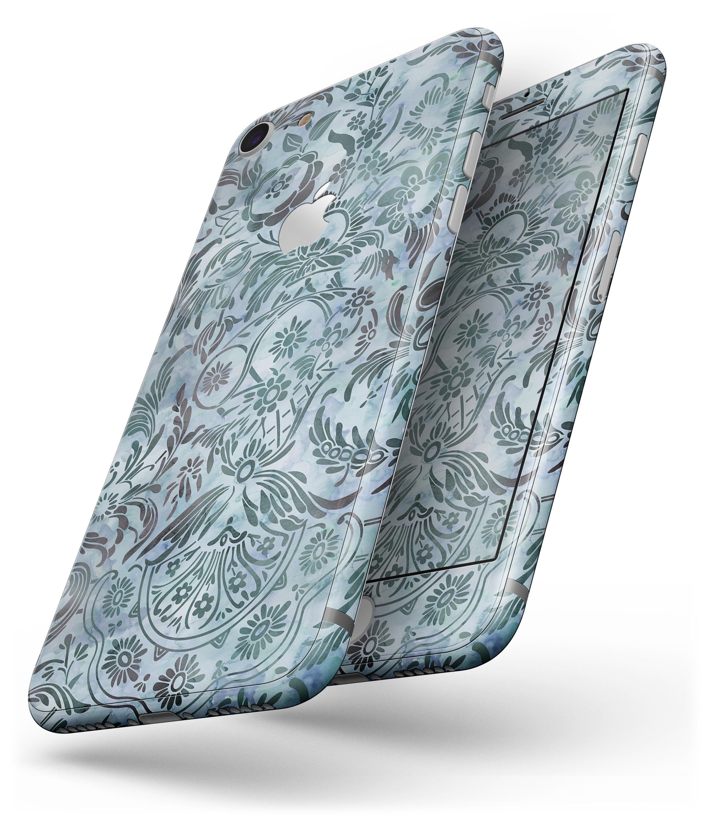 Blue-Green Damask Watercolor Pattern skin for iPhone 8 and 8 Plus, showcasing vibrant colors and intricate design.