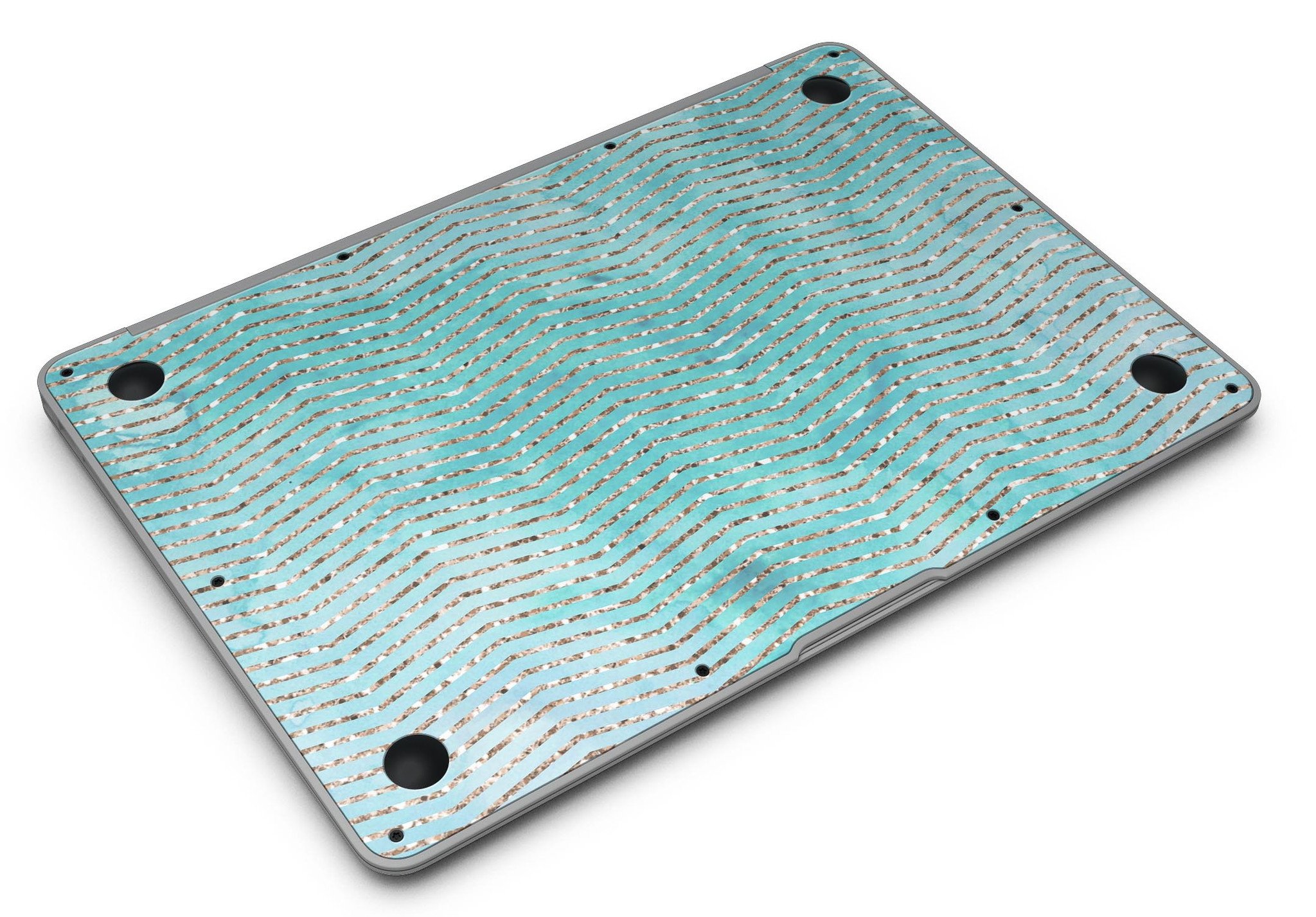 Blue-green watercolor and gold glitter chevron design MacBook Air skin, showcasing vibrant colors and elegant patterns.