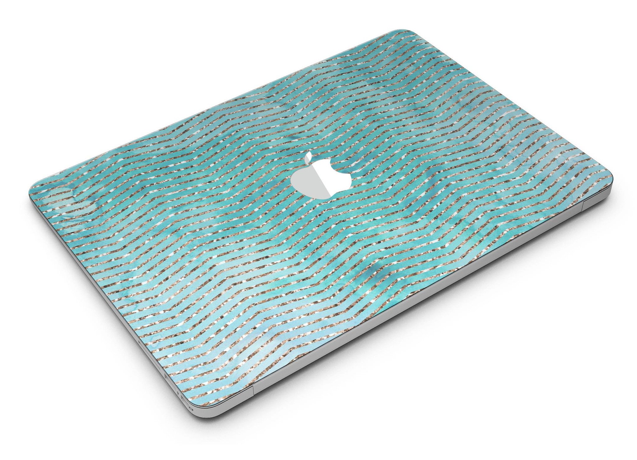 Blue-green watercolor and gold glitter chevron design MacBook Air skin, showcasing vibrant colors and elegant patterns.
