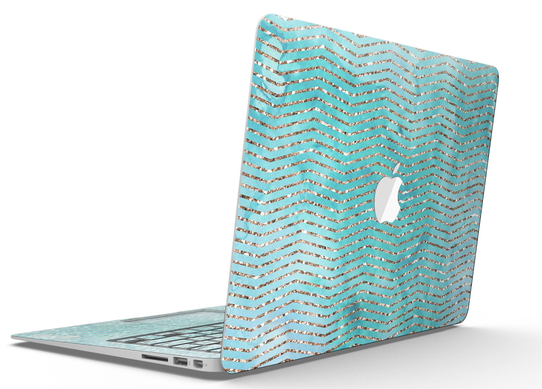 Blue-green watercolor and gold glitter chevron design MacBook Air skin, showcasing vibrant colors and elegant patterns.