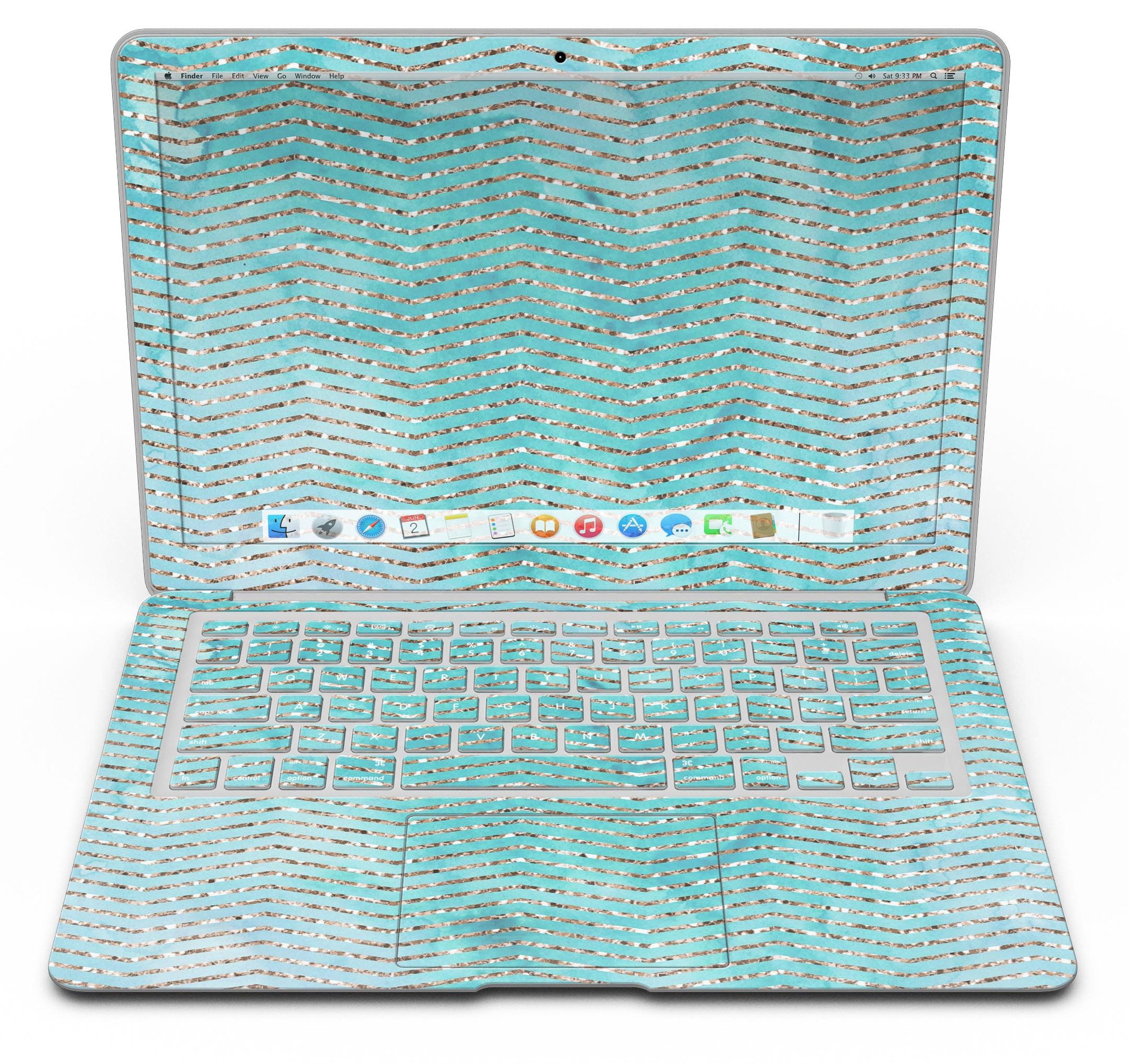 Blue-green watercolor and gold glitter chevron design MacBook Air skin, showcasing vibrant colors and elegant patterns.