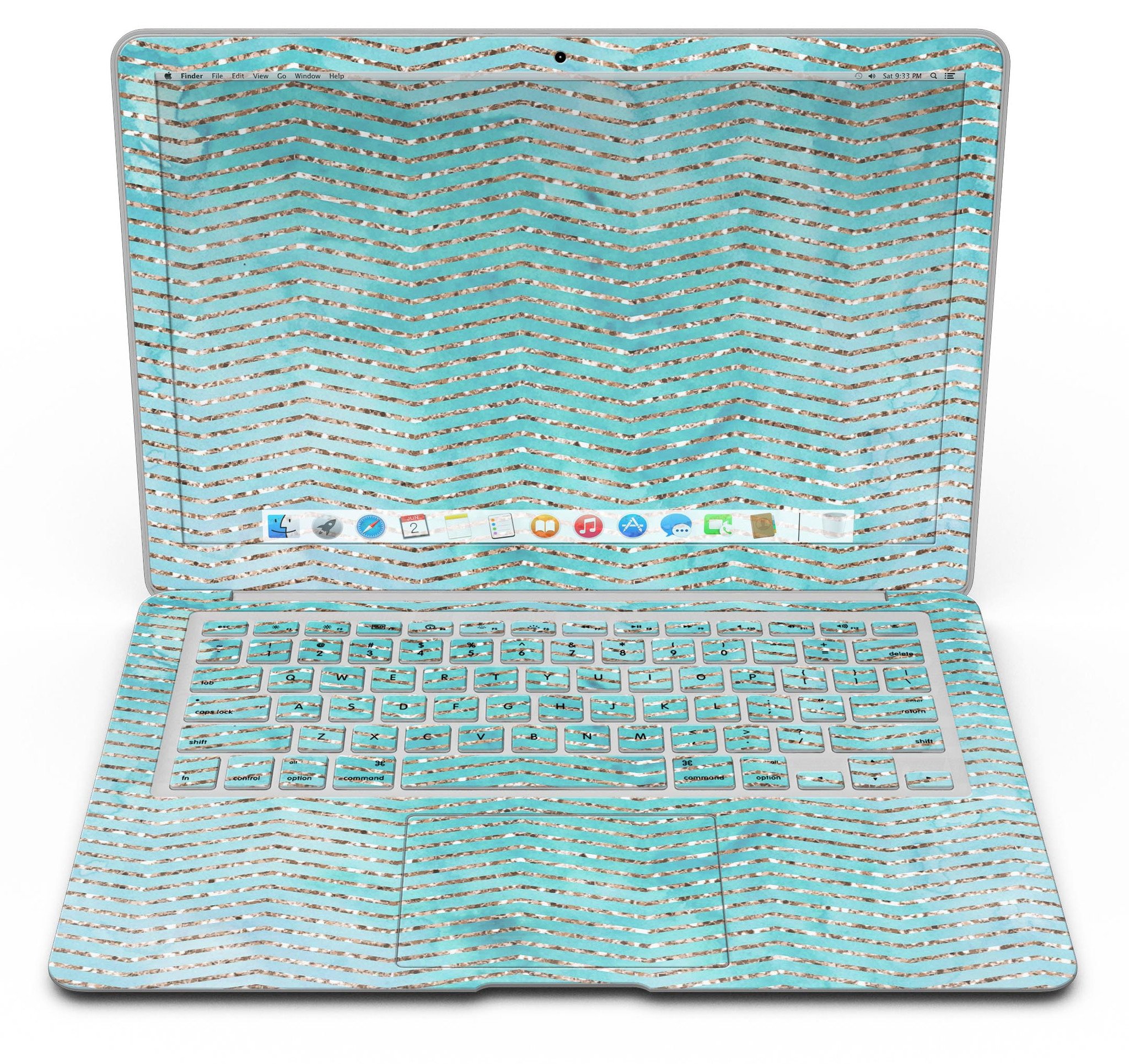 Blue-green watercolor and gold glitter chevron design MacBook Air skin, showcasing vibrant colors and elegant patterns.