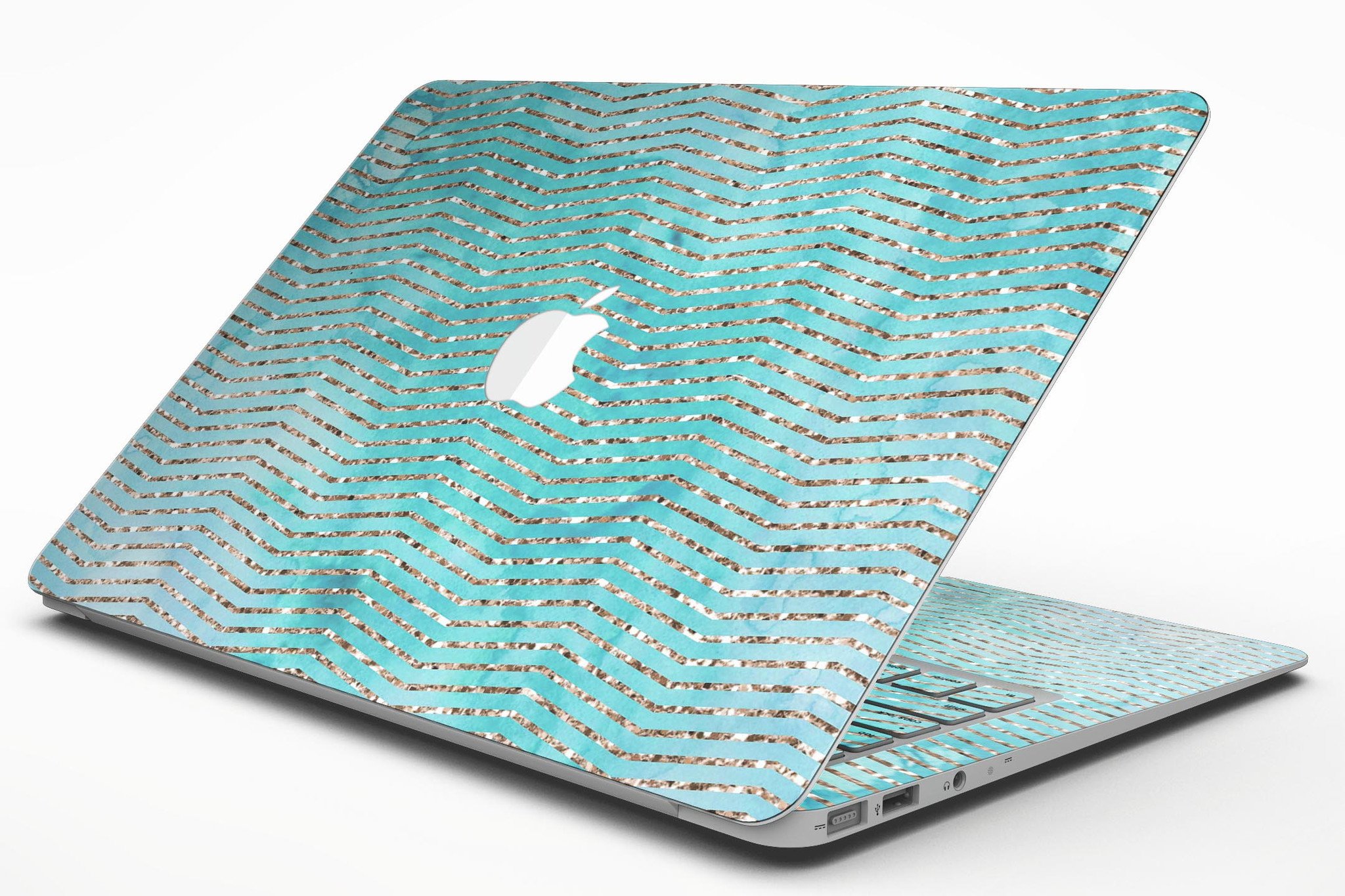 Blue-green watercolor and gold glitter chevron design MacBook Air skin, showcasing vibrant colors and elegant patterns.