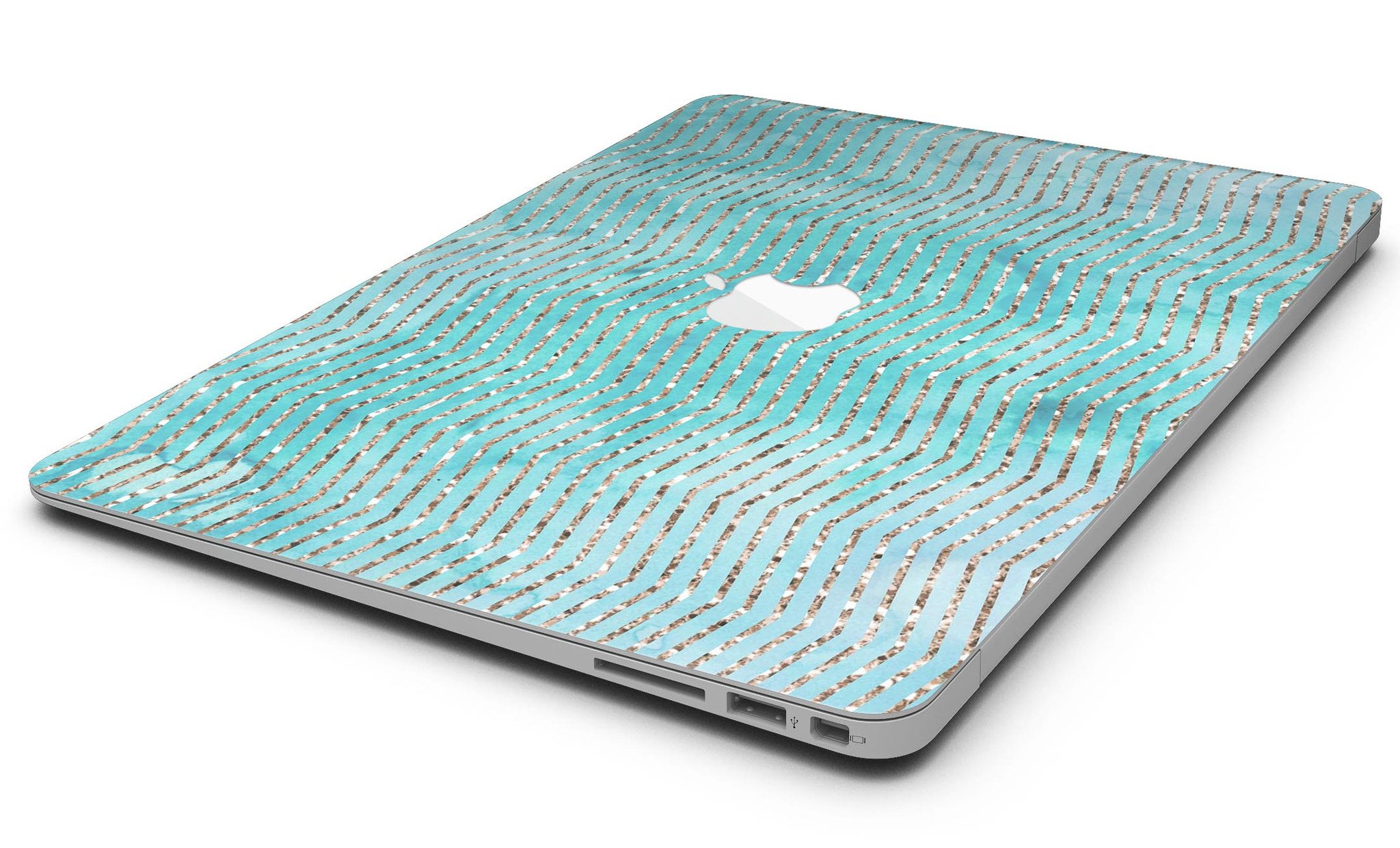Blue-green watercolor and gold glitter chevron design MacBook Air skin, showcasing vibrant colors and elegant patterns.