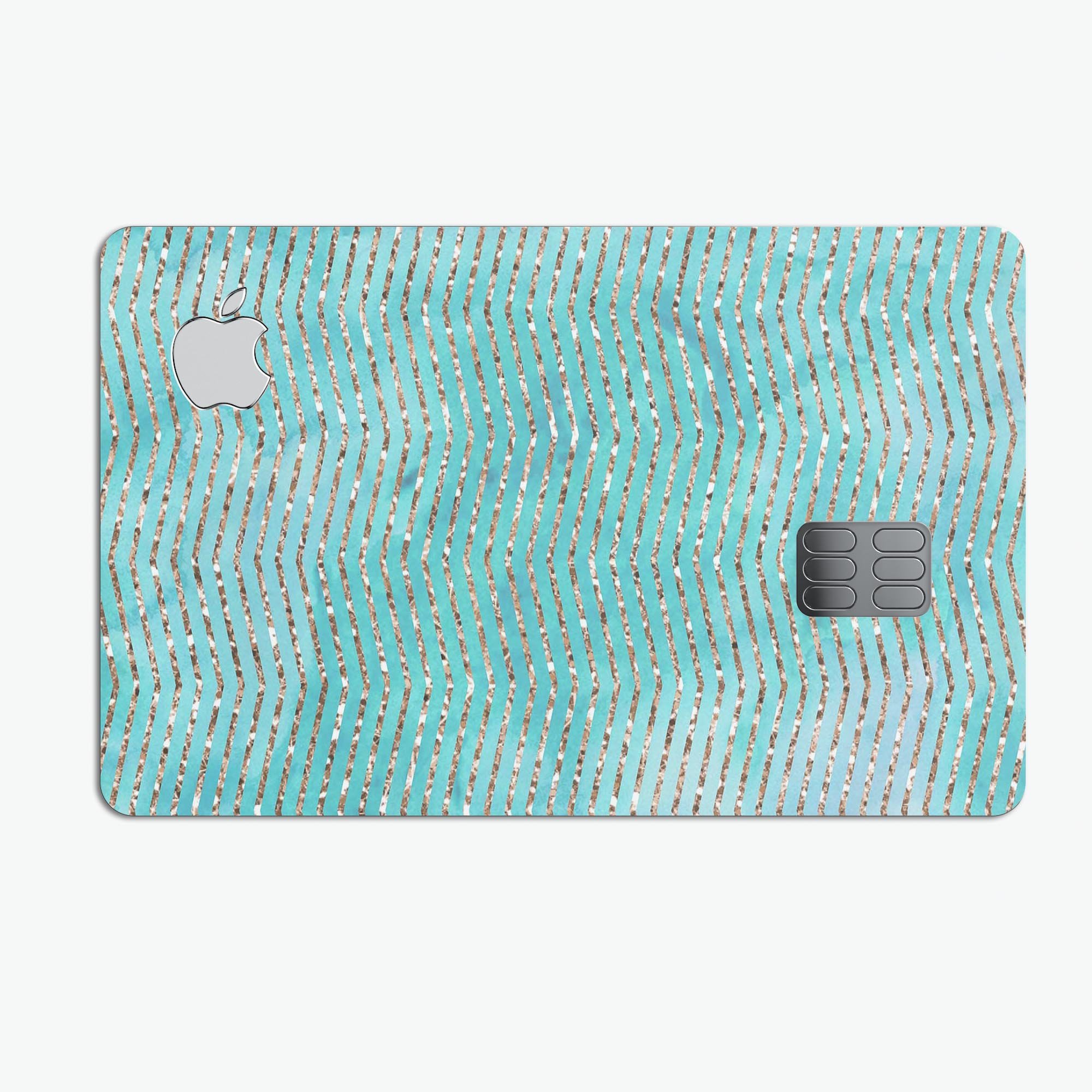 Blue-Green Watercolor and Gold Glitter Chevron skin for Apple Card, showcasing vibrant colors and stylish design.