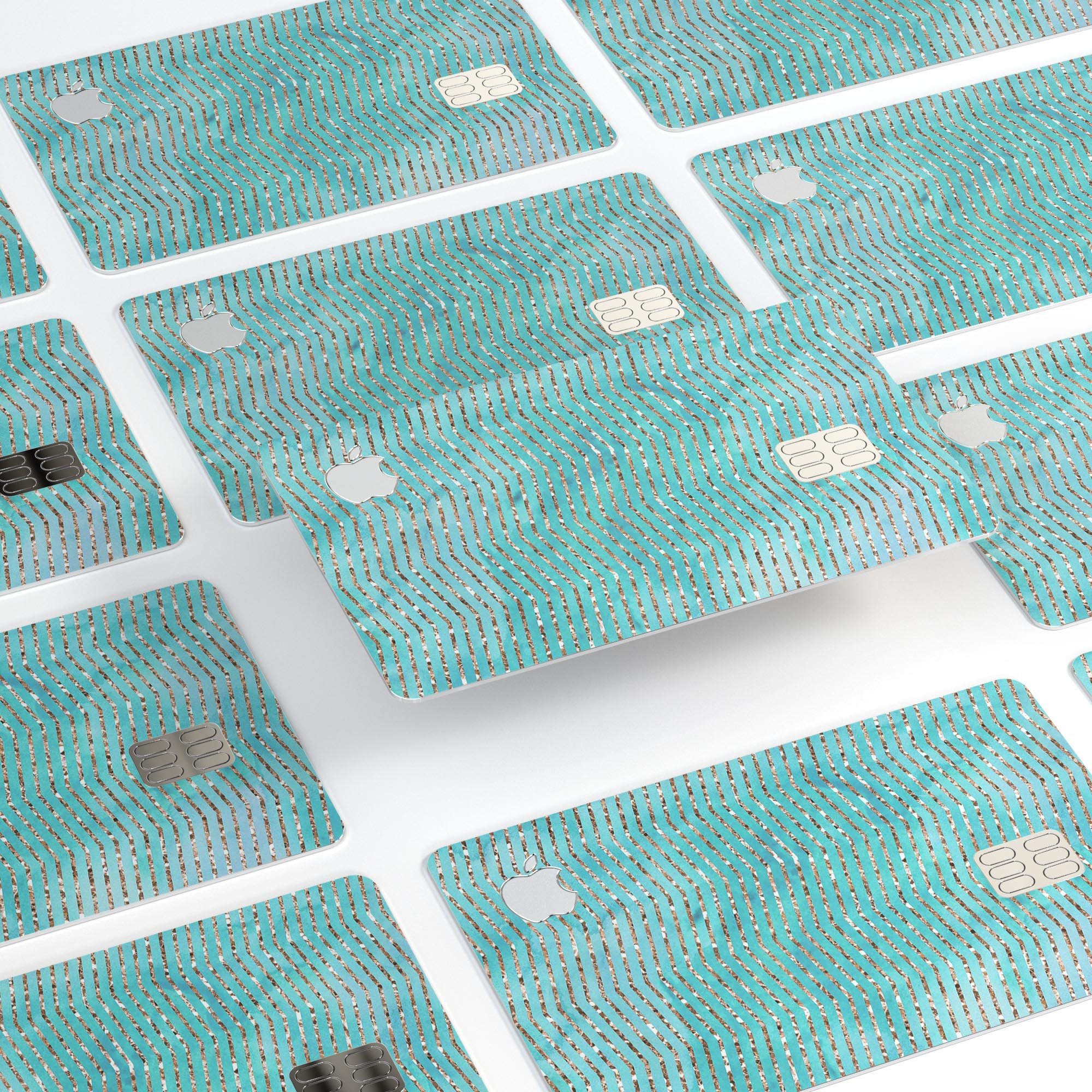 Blue-Green Watercolor and Gold Glitter Chevron skin for Apple Card, showcasing vibrant colors and stylish design.