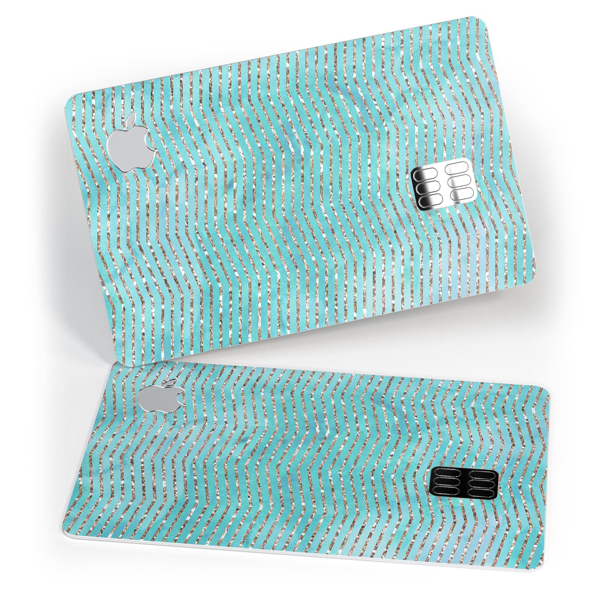 Blue-Green Watercolor and Gold Glitter Chevron skin for Apple Card, showcasing vibrant colors and stylish design.