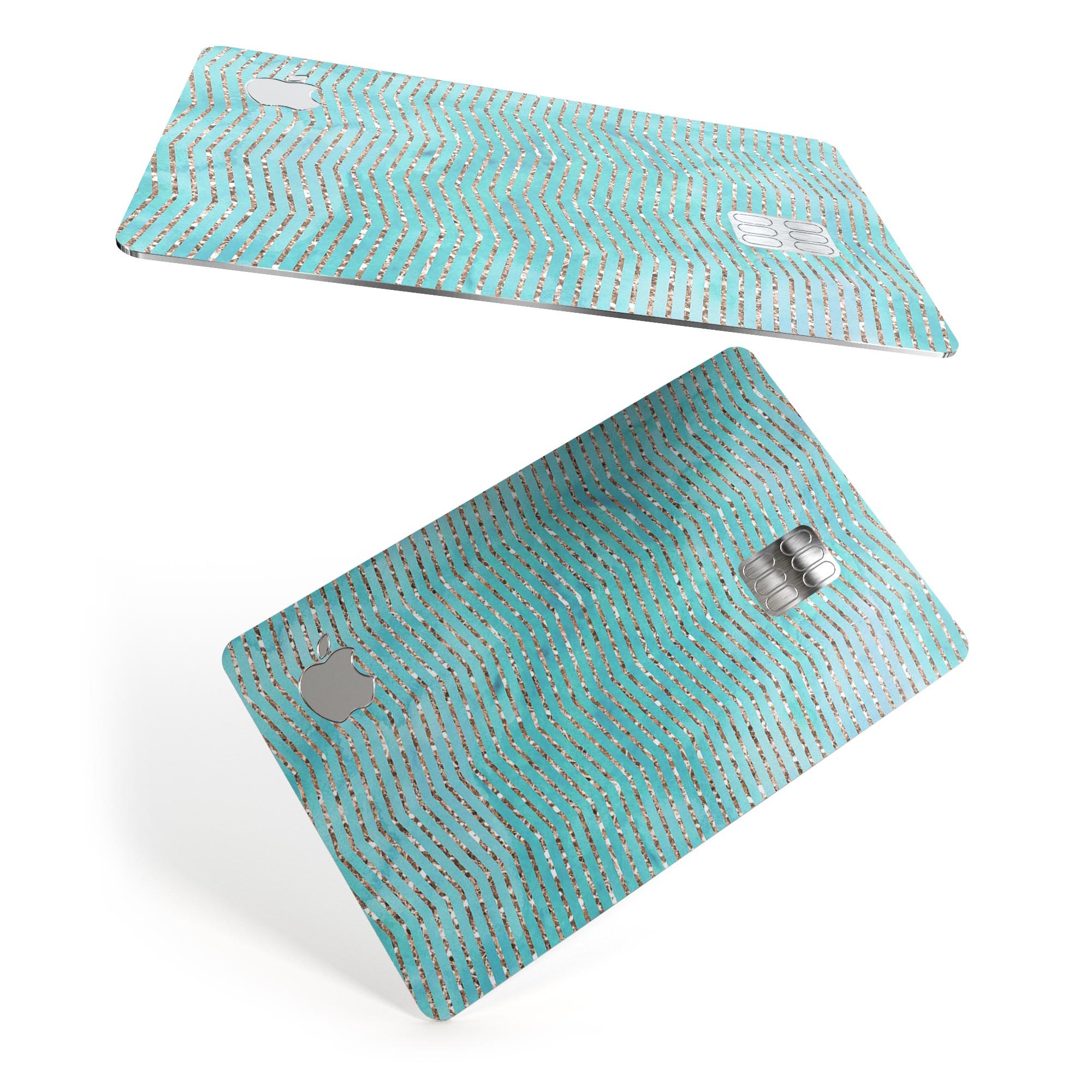 Blue-Green Watercolor and Gold Glitter Chevron skin for Apple Card, showcasing vibrant colors and stylish design.