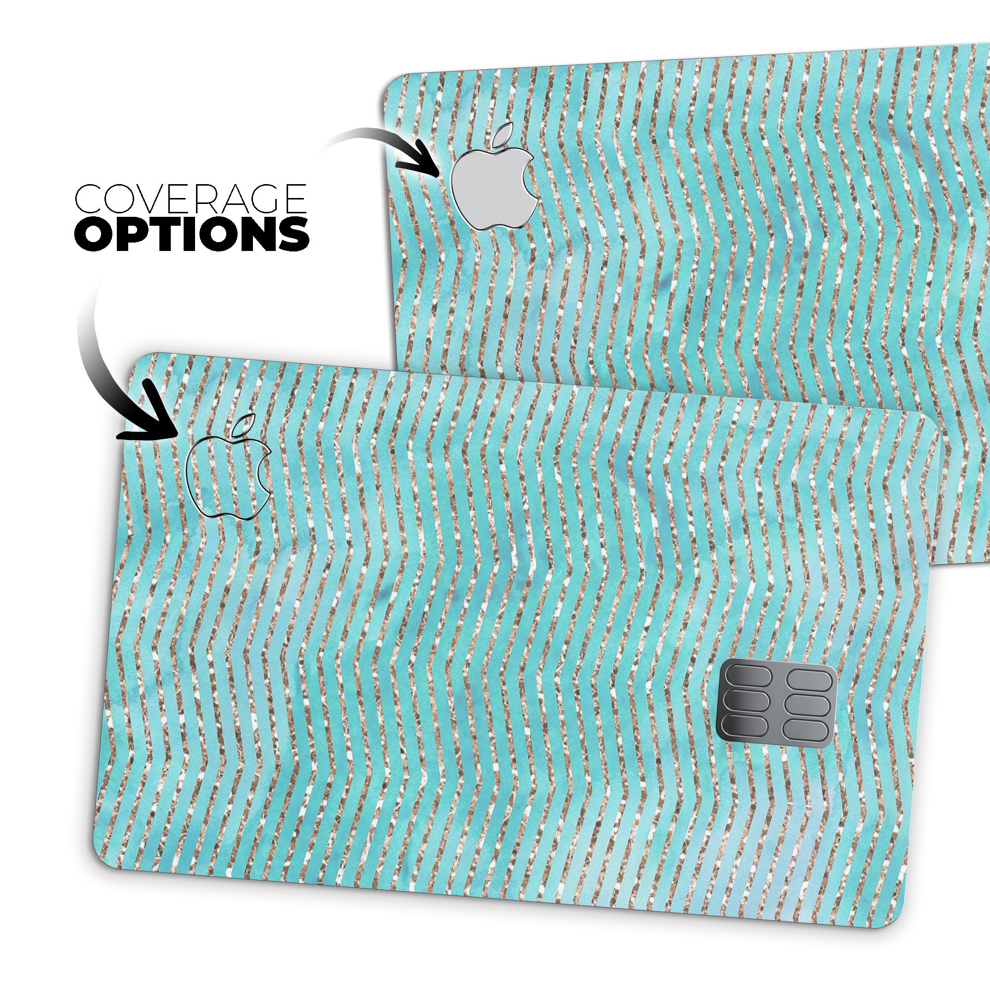 Blue-Green Watercolor and Gold Glitter Chevron skin for Apple Card, showcasing vibrant colors and stylish design.