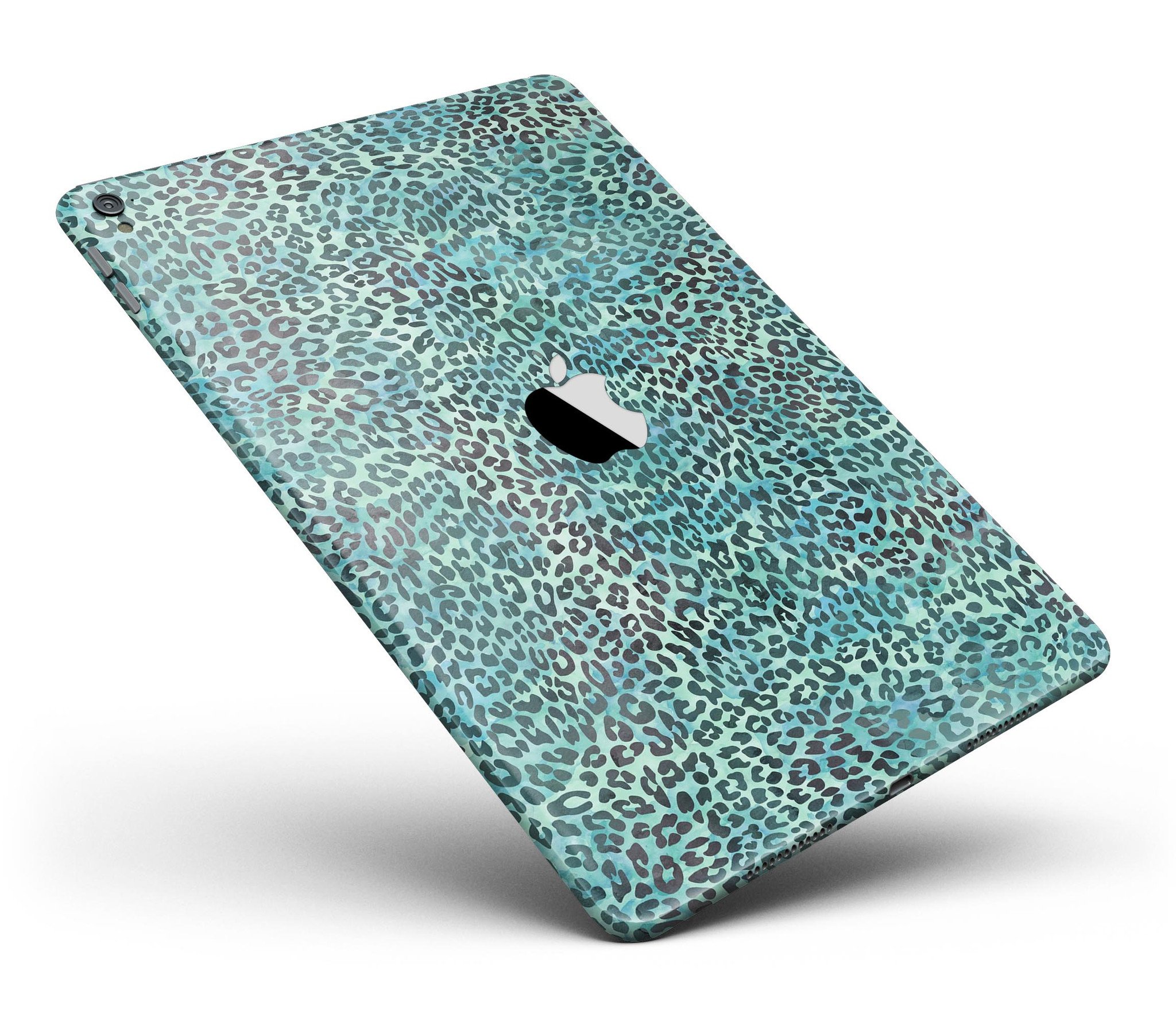 Blue-Green Watercolor Leopard Pattern Full Body Skin for iPad Pro, showcasing vibrant colors and unique design.