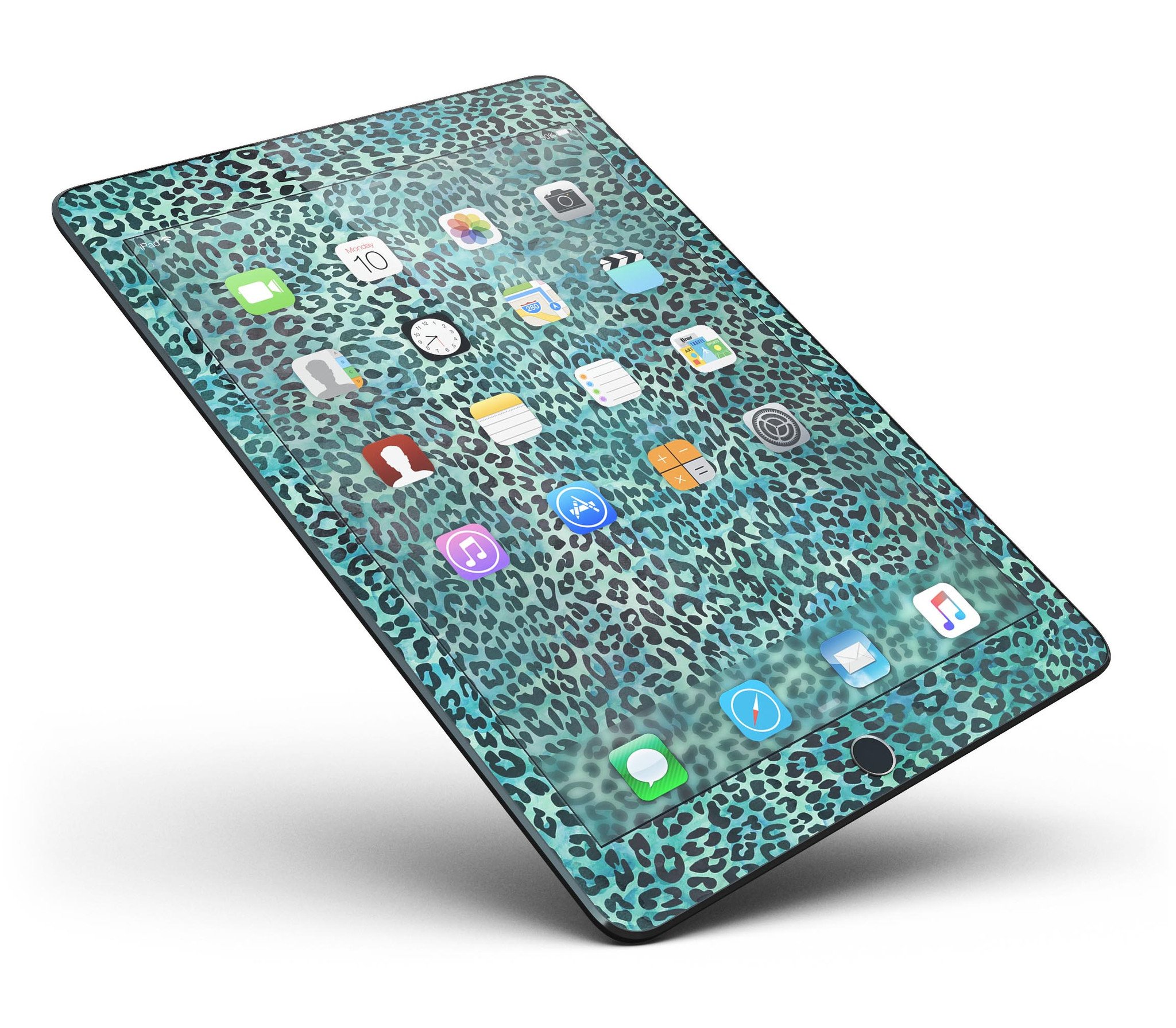 Blue-Green Watercolor Leopard Pattern Full Body Skin for iPad Pro, showcasing vibrant colors and unique design.