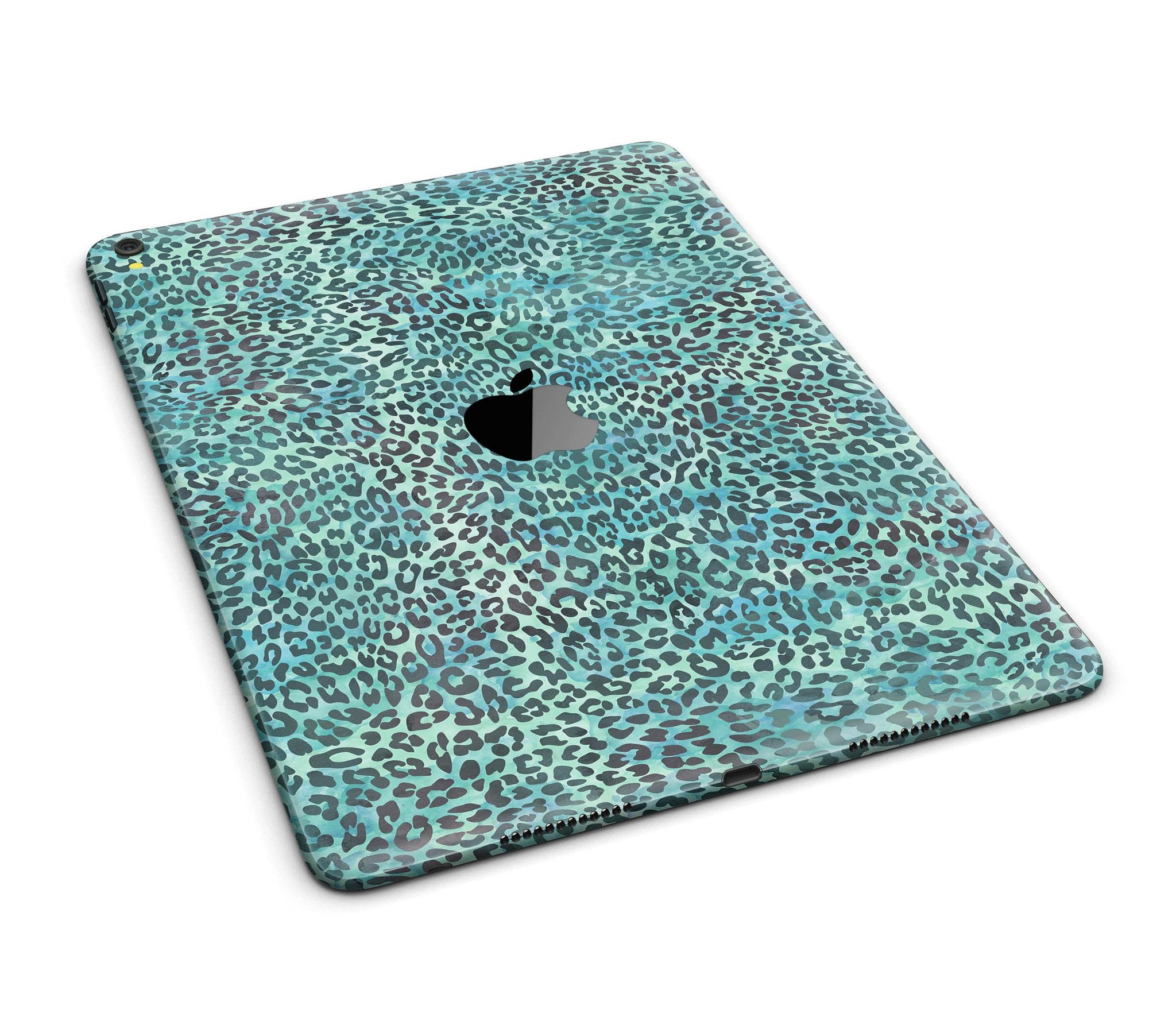Blue-Green Watercolor Leopard Pattern Full Body Skin for iPad Pro, showcasing vibrant colors and unique design.