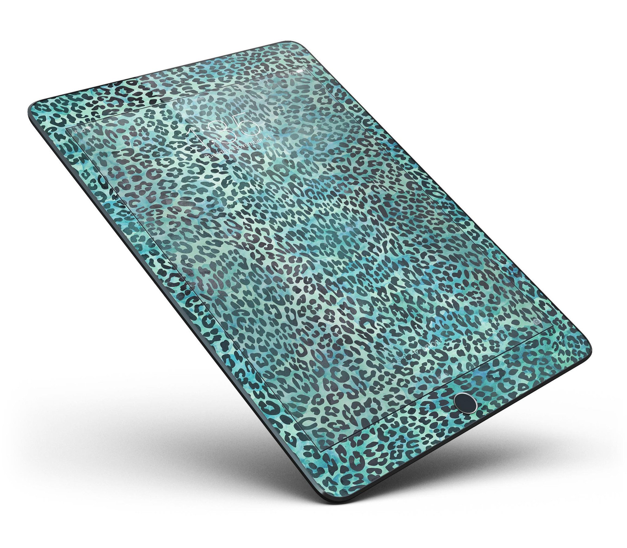 Blue-Green Watercolor Leopard Pattern Full Body Skin for iPad Pro, showcasing vibrant colors and unique design.