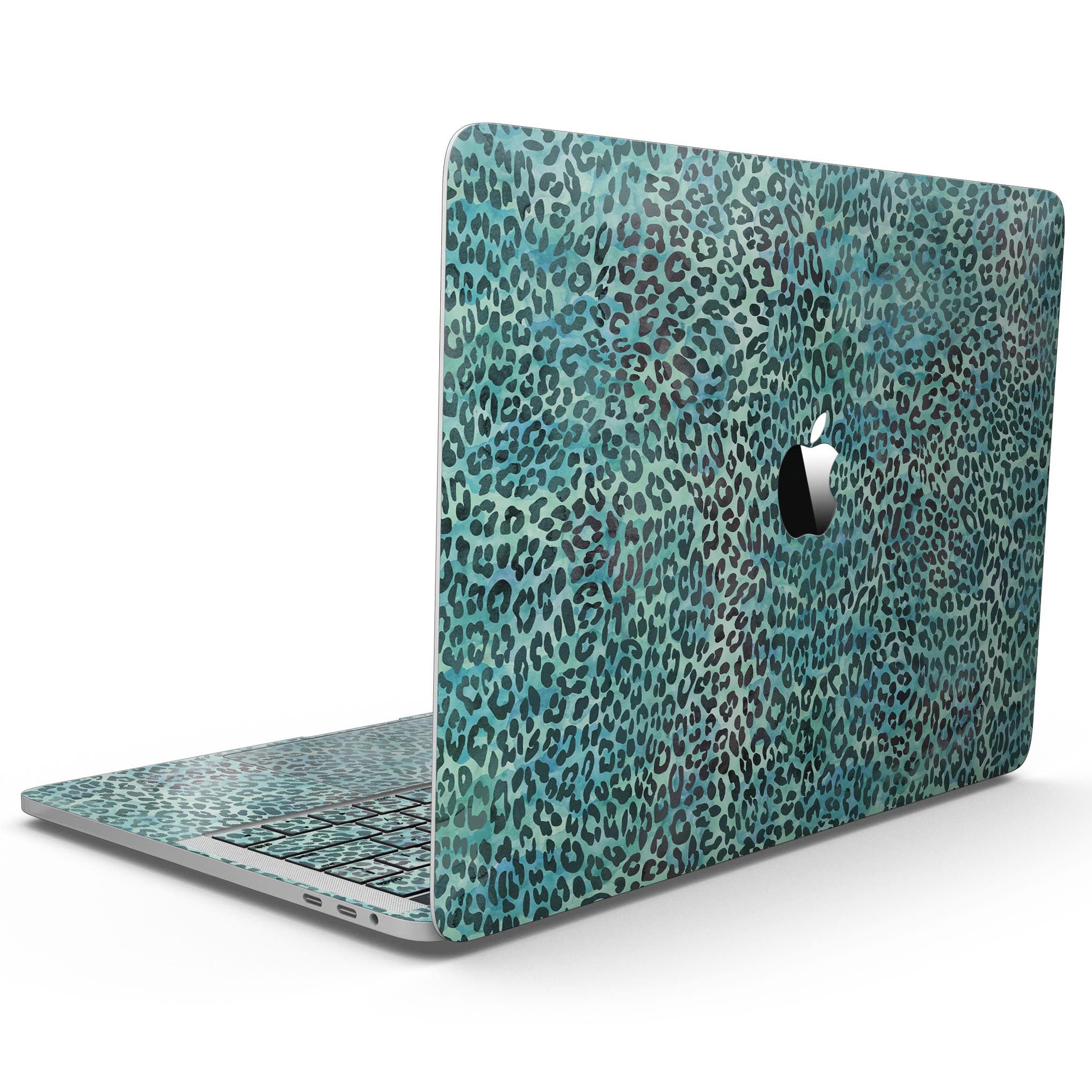 Blue-green watercolor leopard pattern skin for MacBook Pro with Touch Bar, showcasing vibrant colors and stylish design.
