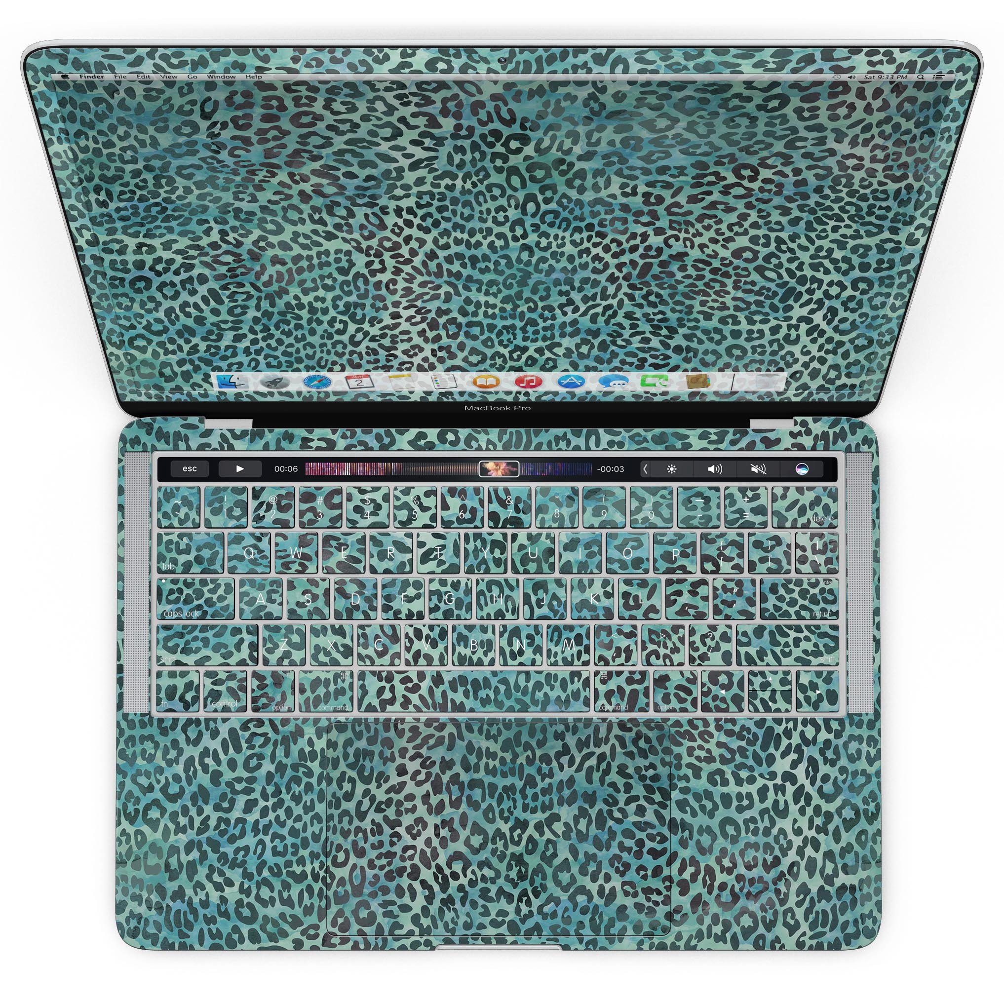 Blue-green watercolor leopard pattern skin for MacBook Pro with Touch Bar, showcasing vibrant colors and stylish design.