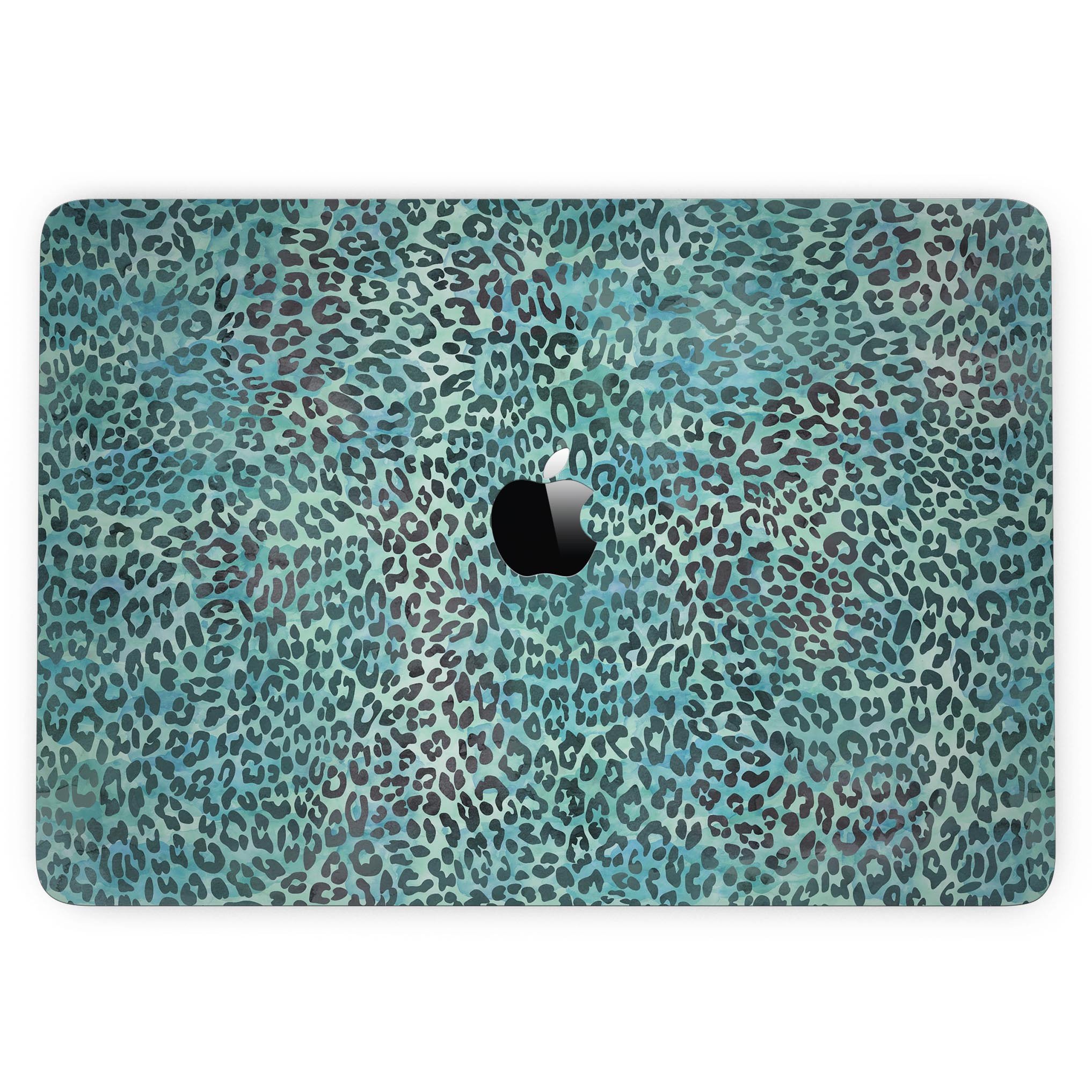 Blue-green watercolor leopard pattern skin for MacBook Pro with Touch Bar, showcasing vibrant colors and stylish design.
