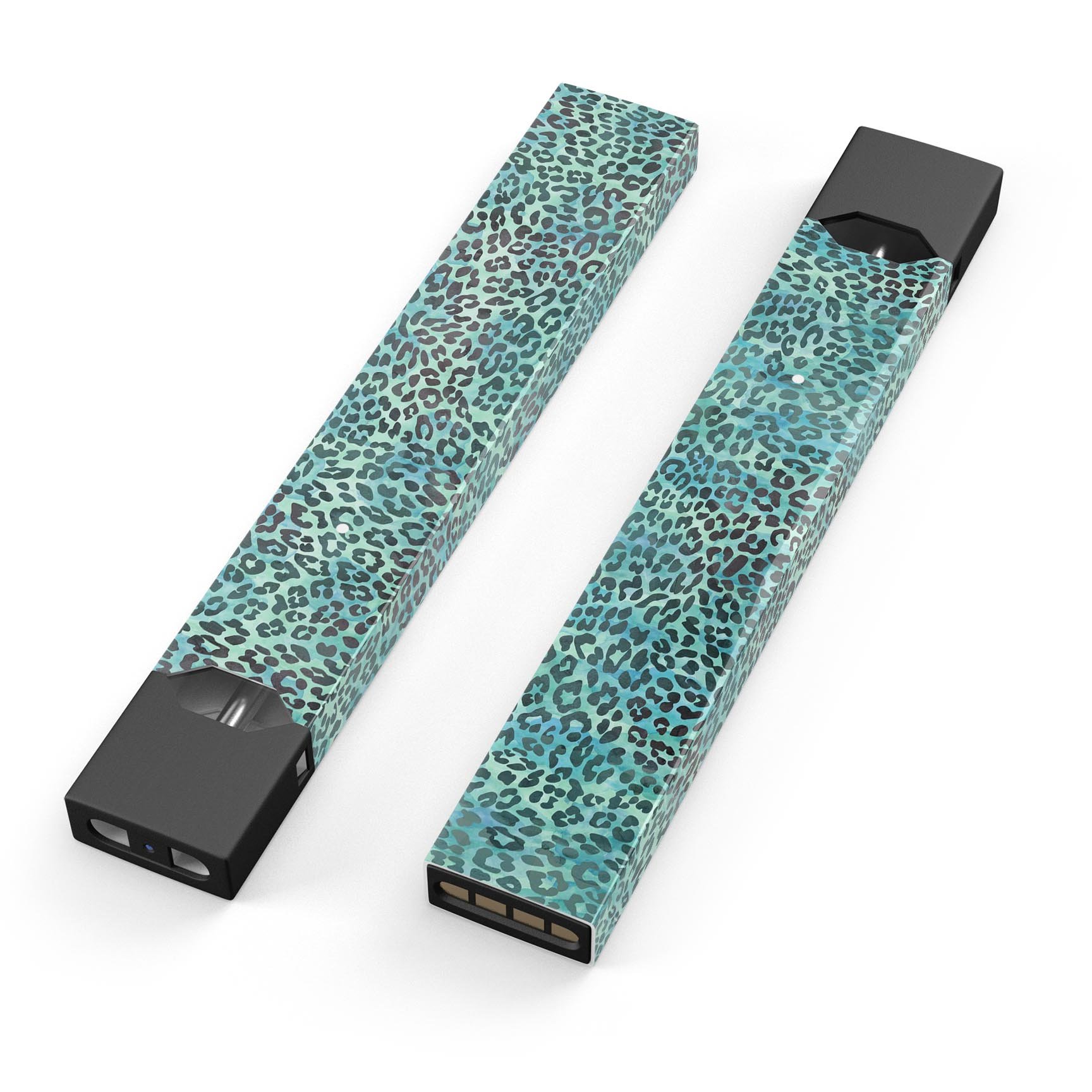 Blue-green watercolor leopard pattern decal for JUUL vaping device, showcasing vibrant colors and stylish design.