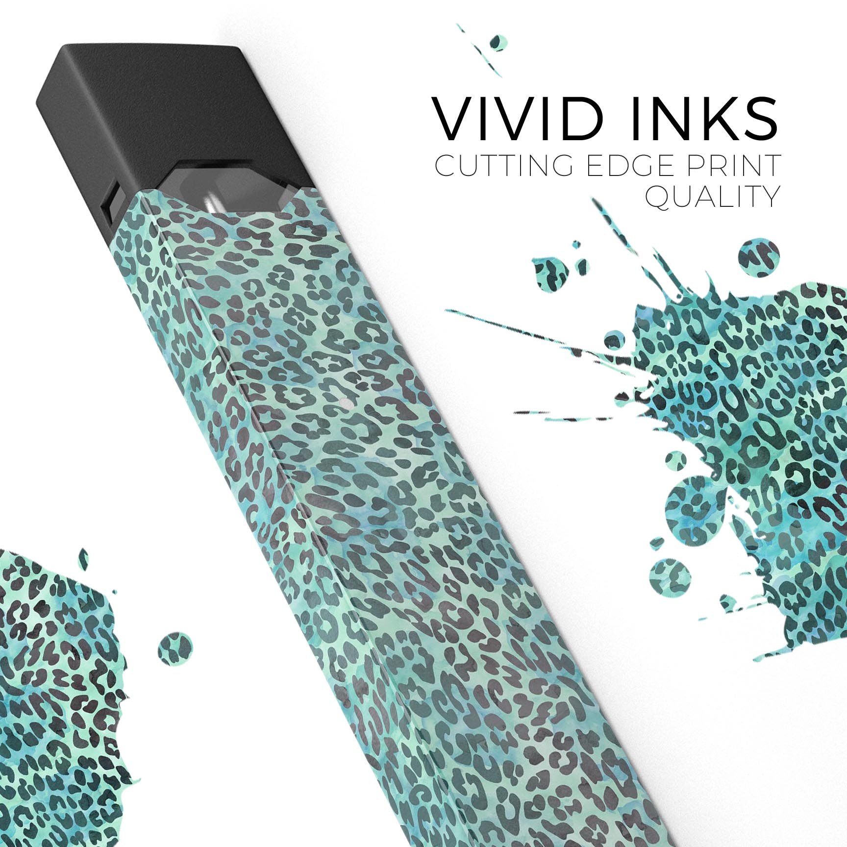 Blue-green watercolor leopard pattern decal for JUUL vaping device, showcasing vibrant colors and stylish design.