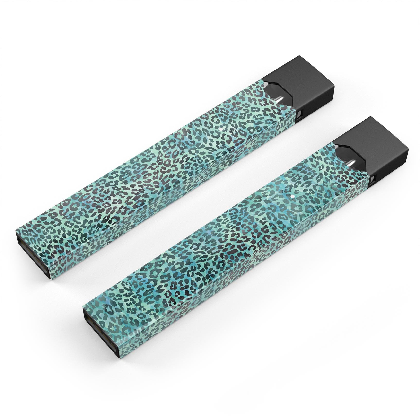 Blue-green watercolor leopard pattern decal for JUUL vaping device, showcasing vibrant colors and stylish design.