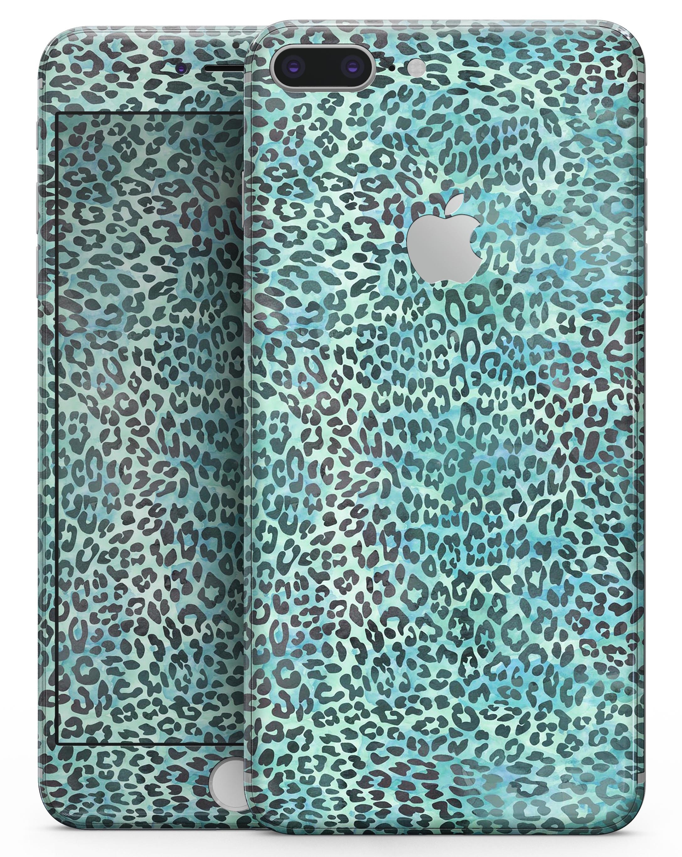 Blue-Green Watercolor Leopard Pattern skin for iPhone 8 and 8 Plus, showcasing vibrant colors and stylish design.