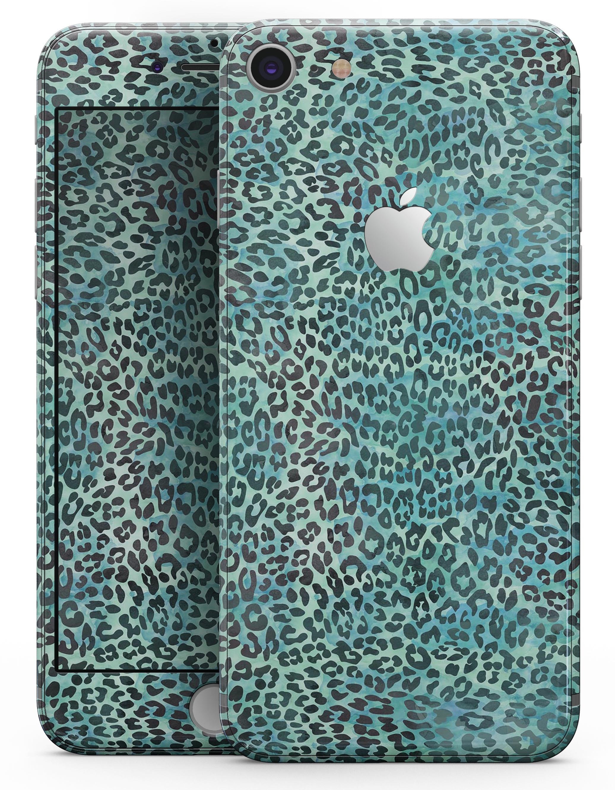 Blue-Green Watercolor Leopard Pattern skin for iPhone 8 and 8 Plus, showcasing vibrant colors and stylish design.