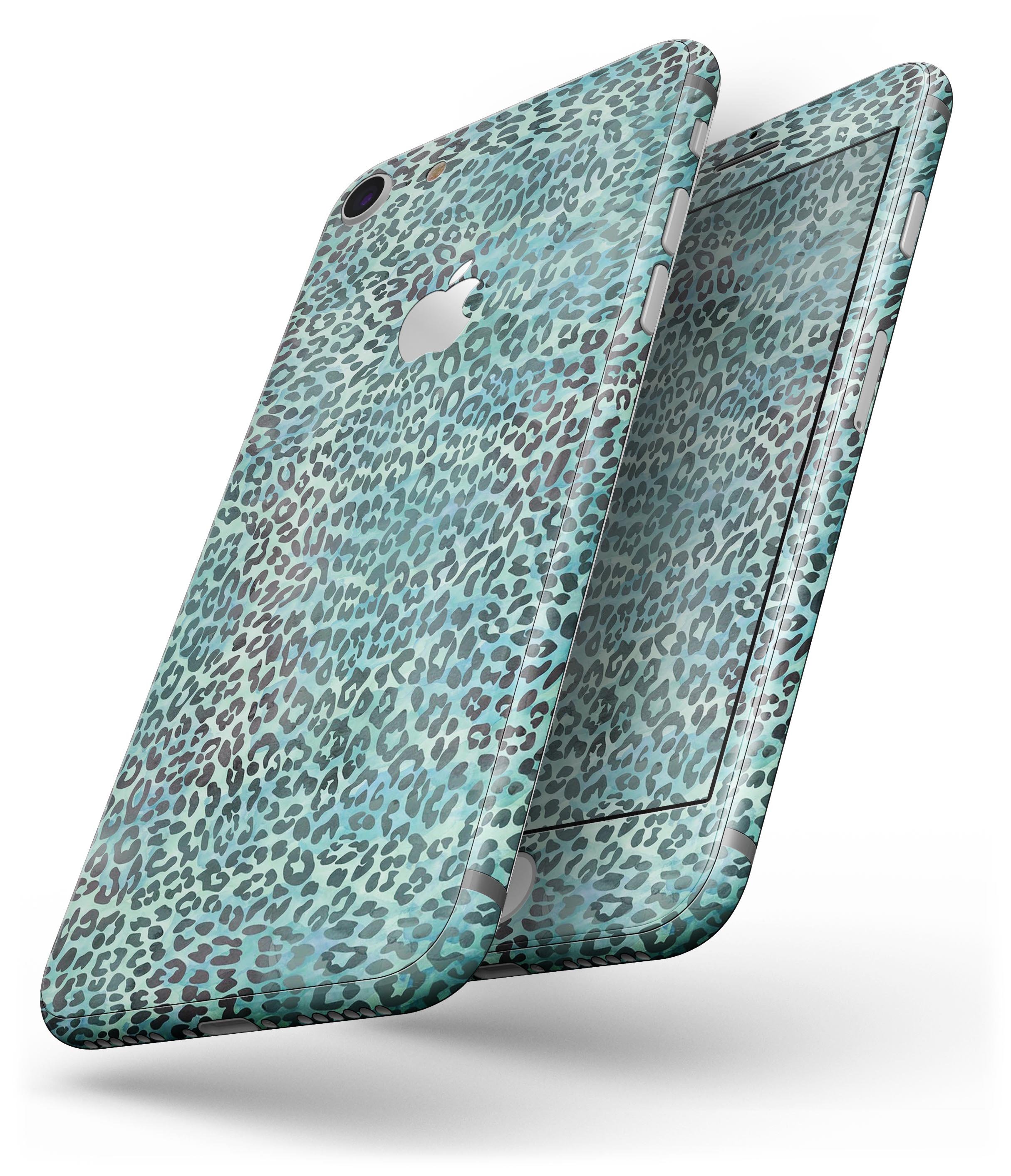 Blue-Green Watercolor Leopard Pattern skin for iPhone 8 and 8 Plus, showcasing vibrant colors and stylish design.
