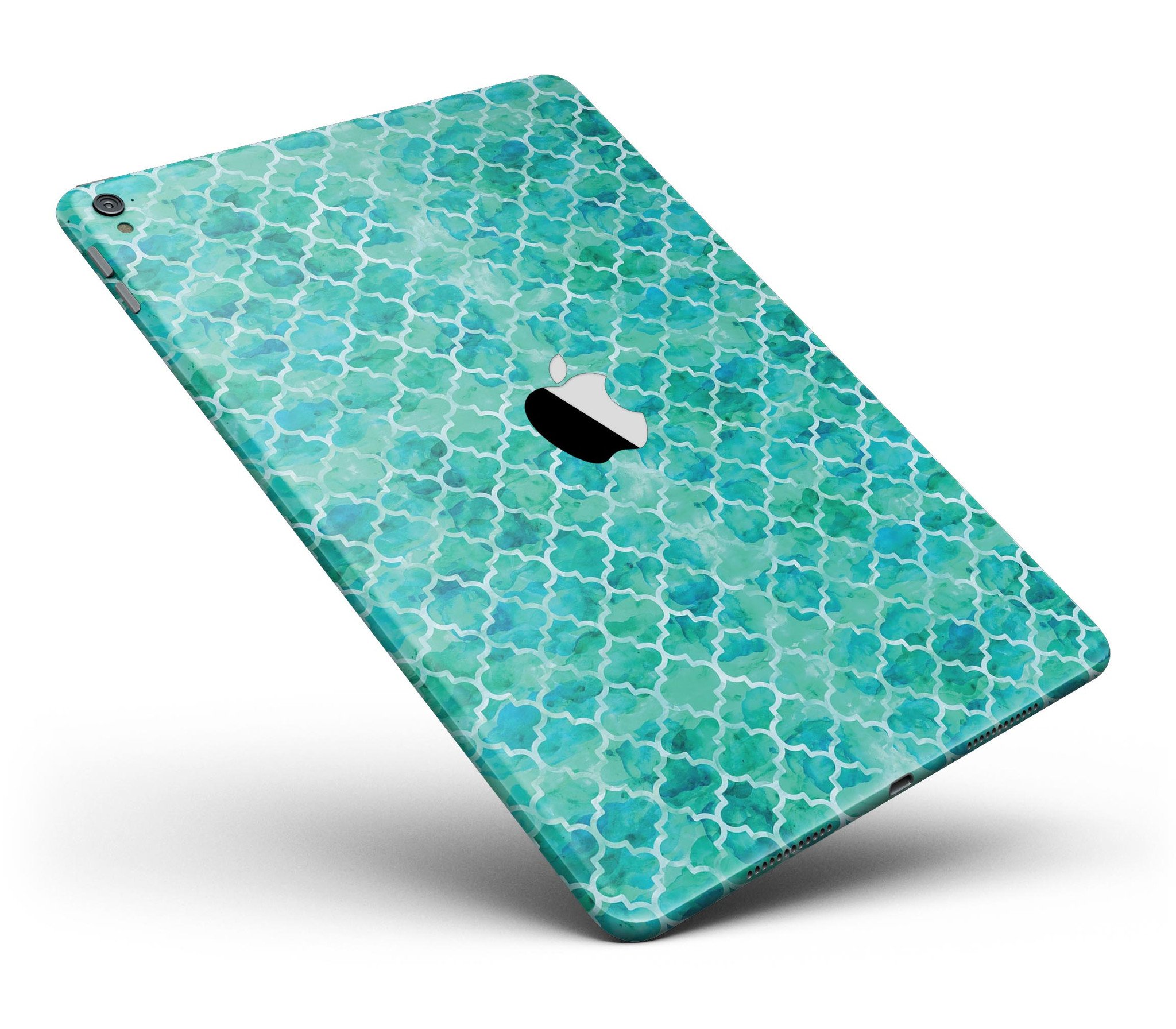 Blue-Green Watercolor Quatrefoil Full Body Skin for iPad Pro, showcasing vibrant colors and intricate design.