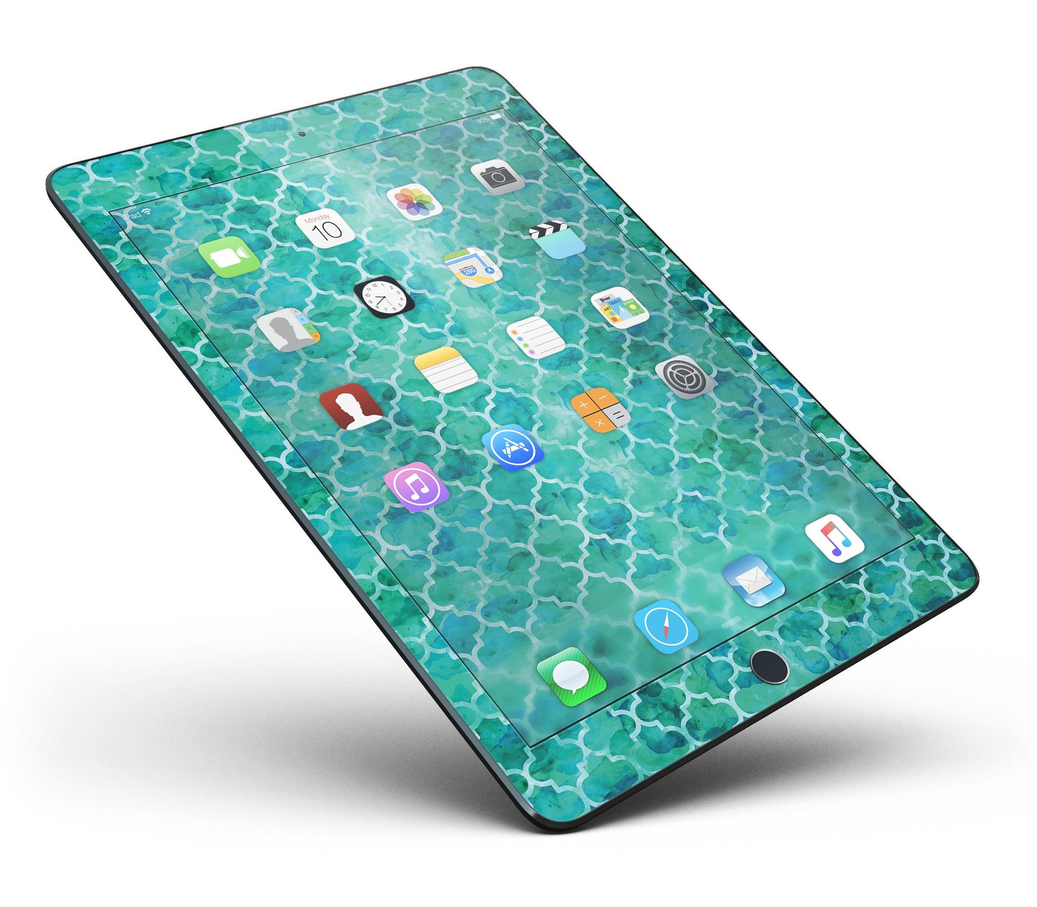Blue-Green Watercolor Quatrefoil Full Body Skin for iPad Pro, showcasing vibrant colors and intricate design.