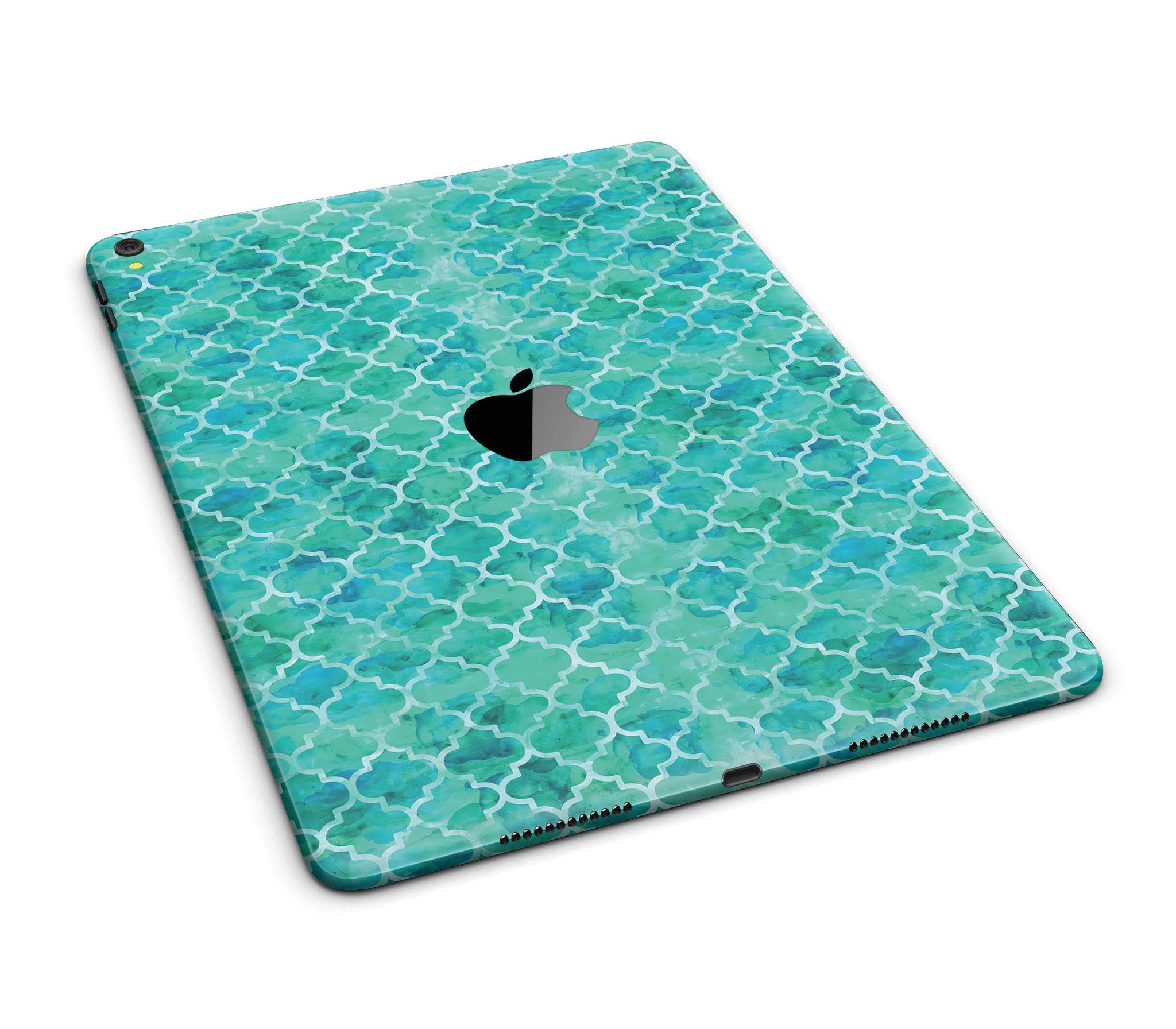 Blue-Green Watercolor Quatrefoil Full Body Skin for iPad Pro, showcasing vibrant colors and intricate design.