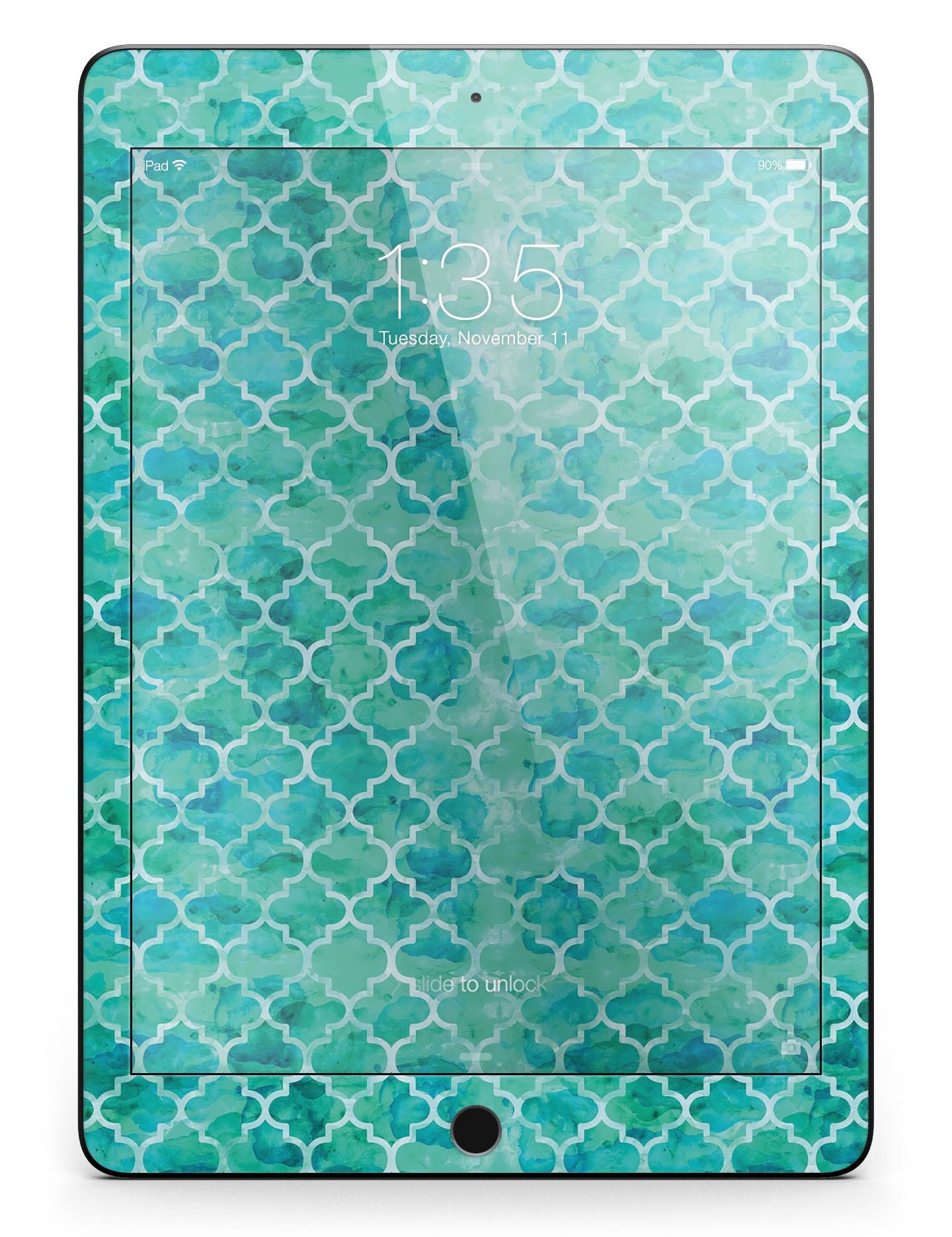 Blue-Green Watercolor Quatrefoil Full Body Skin for iPad Pro, showcasing vibrant colors and intricate design.