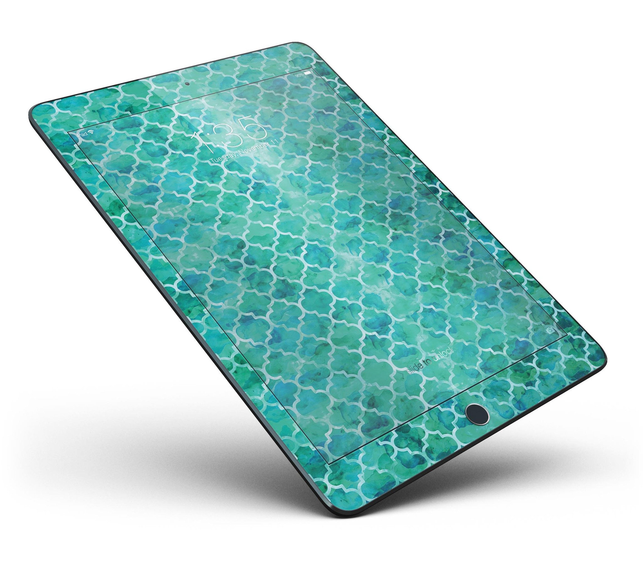 Blue-Green Watercolor Quatrefoil Full Body Skin for iPad Pro, showcasing vibrant colors and intricate design.