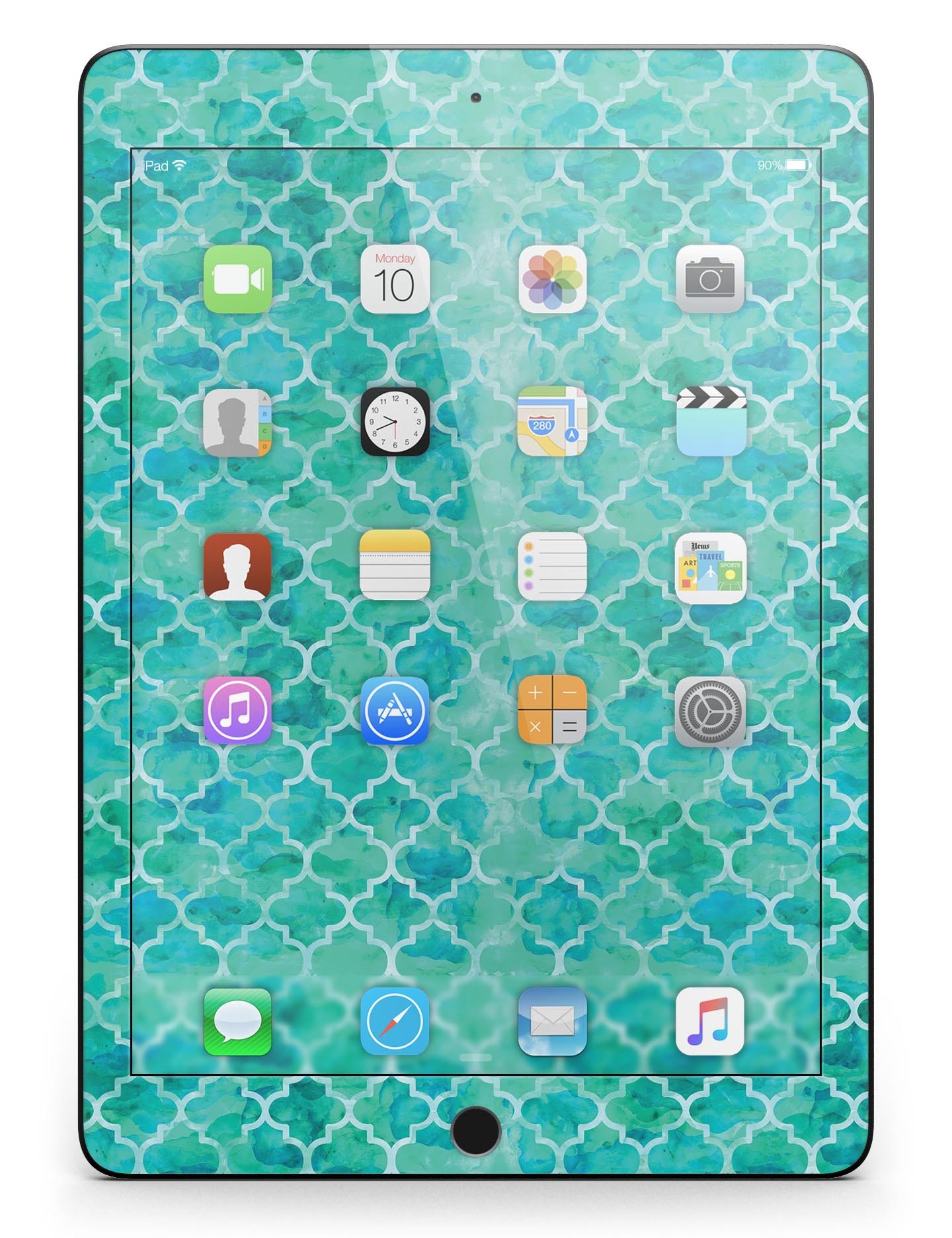 Blue-Green Watercolor Quatrefoil Full Body Skin for iPad Pro, showcasing vibrant colors and intricate design.